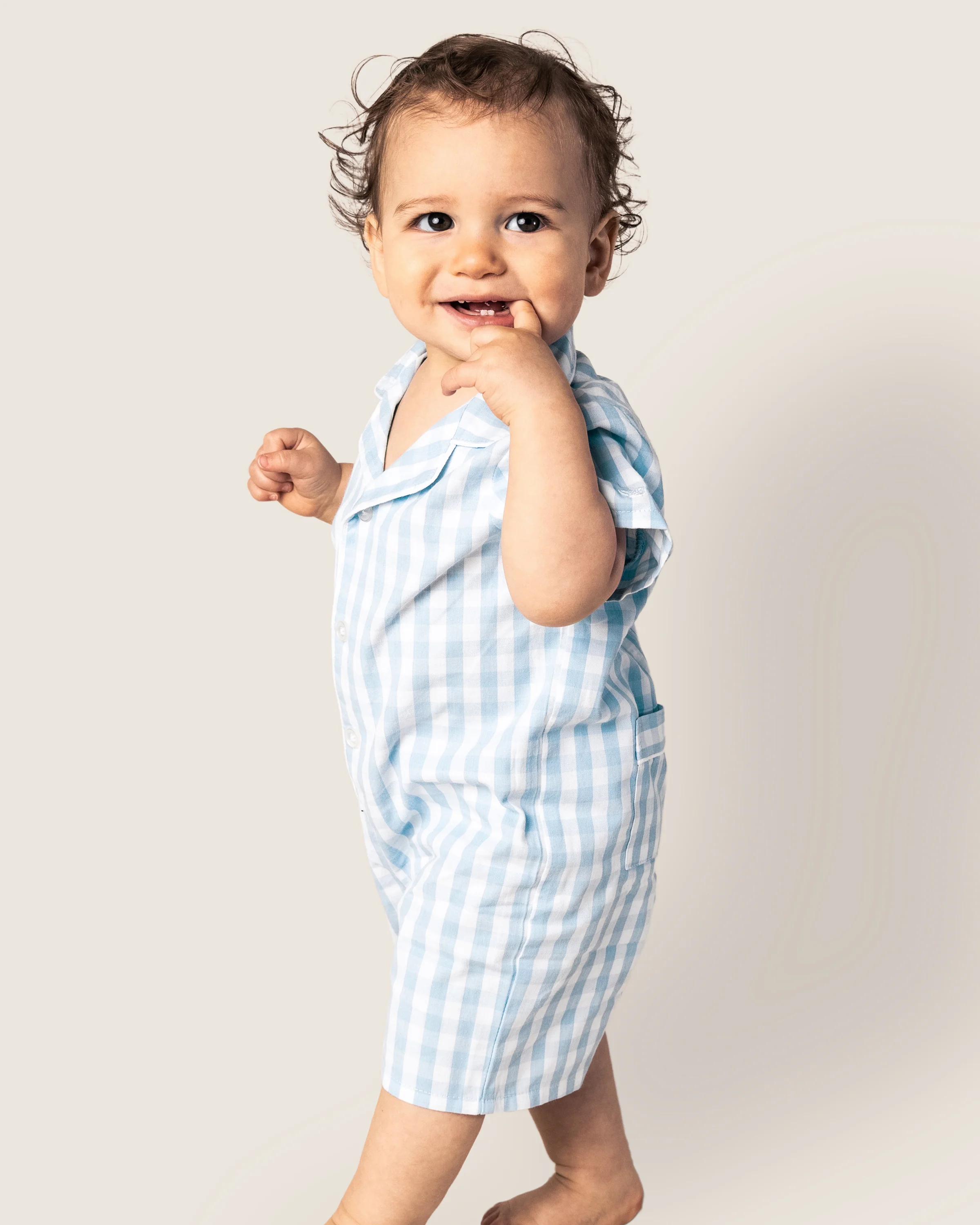 Baby's Twill Summer Romper in Light Blue Gingham - Image 3