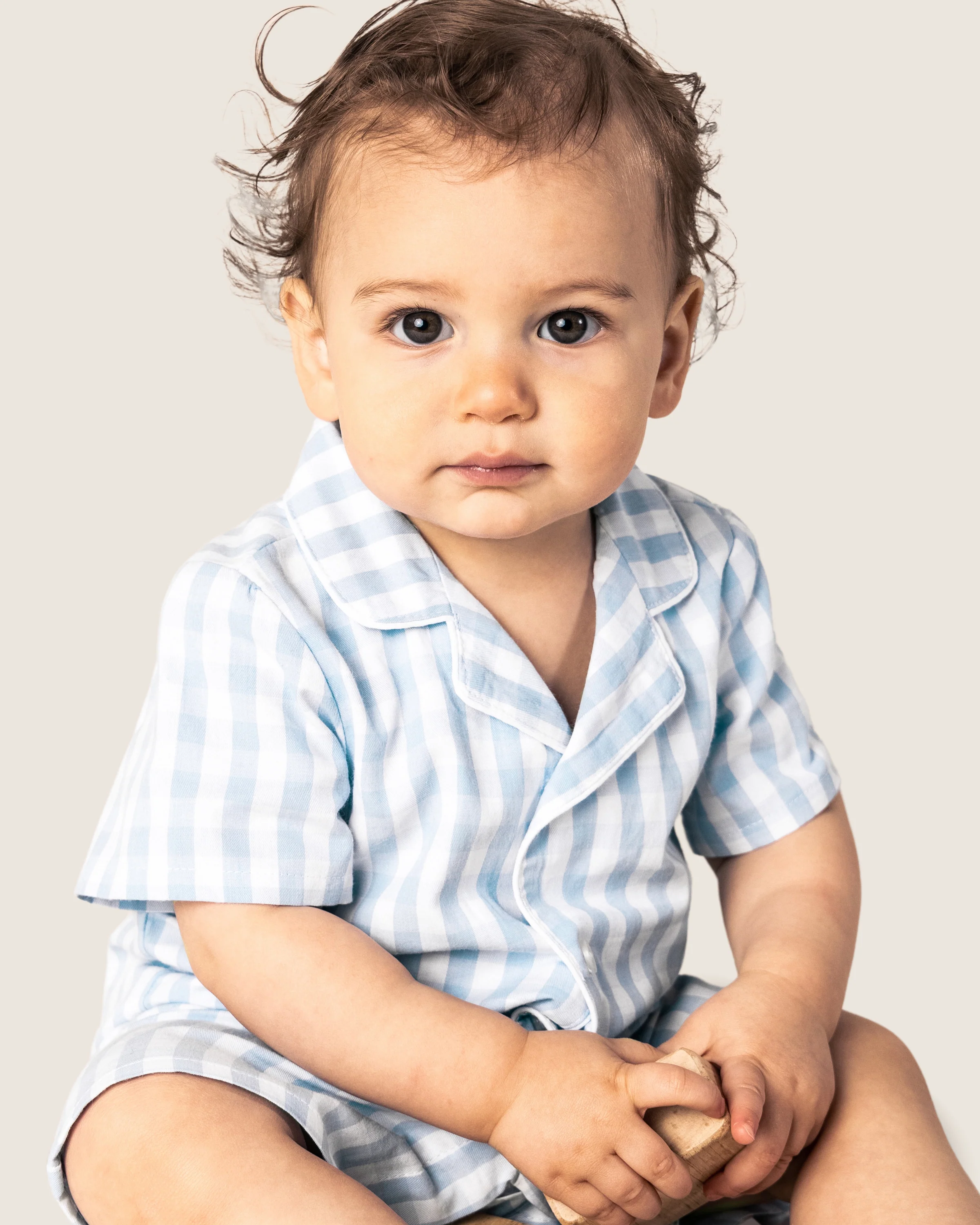 Baby's Twill Summer Romper in Light Blue Gingham - Image 4