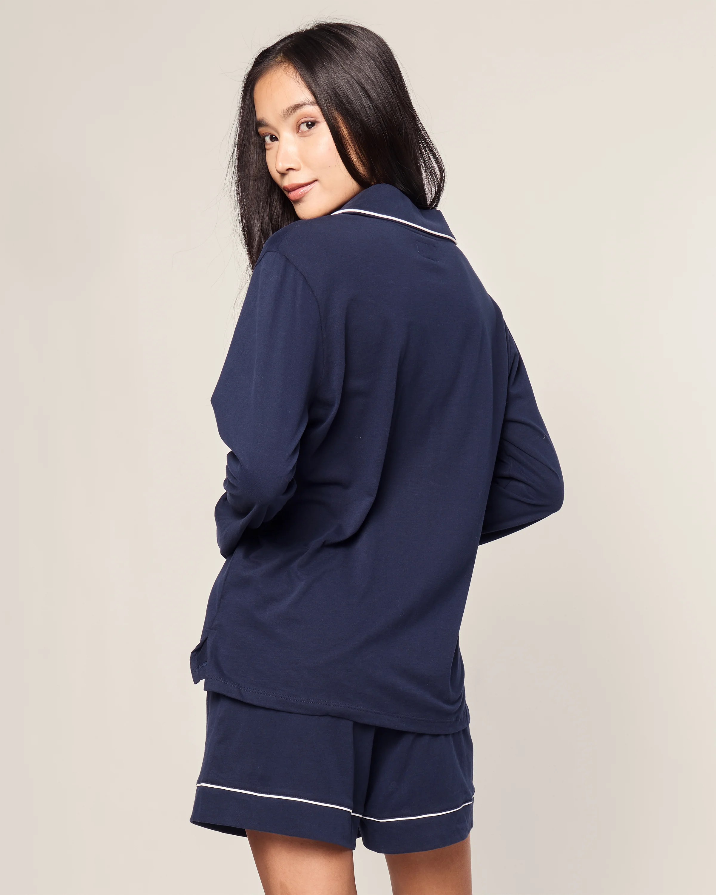 Women's Pima Long Sleeve Short Set in Navy - Image 3