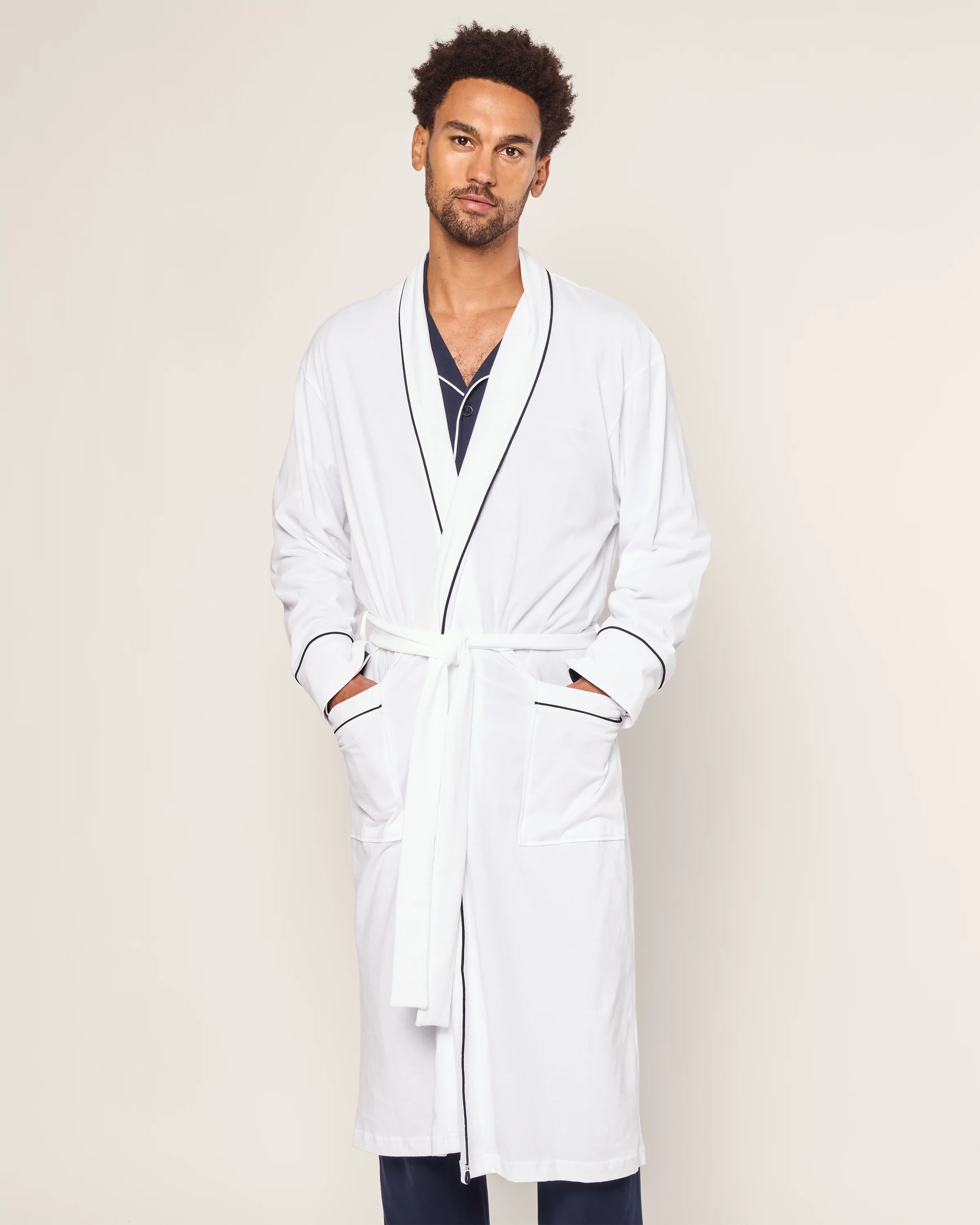 Men's Pima Robe in White with Navy Piping - Image 2