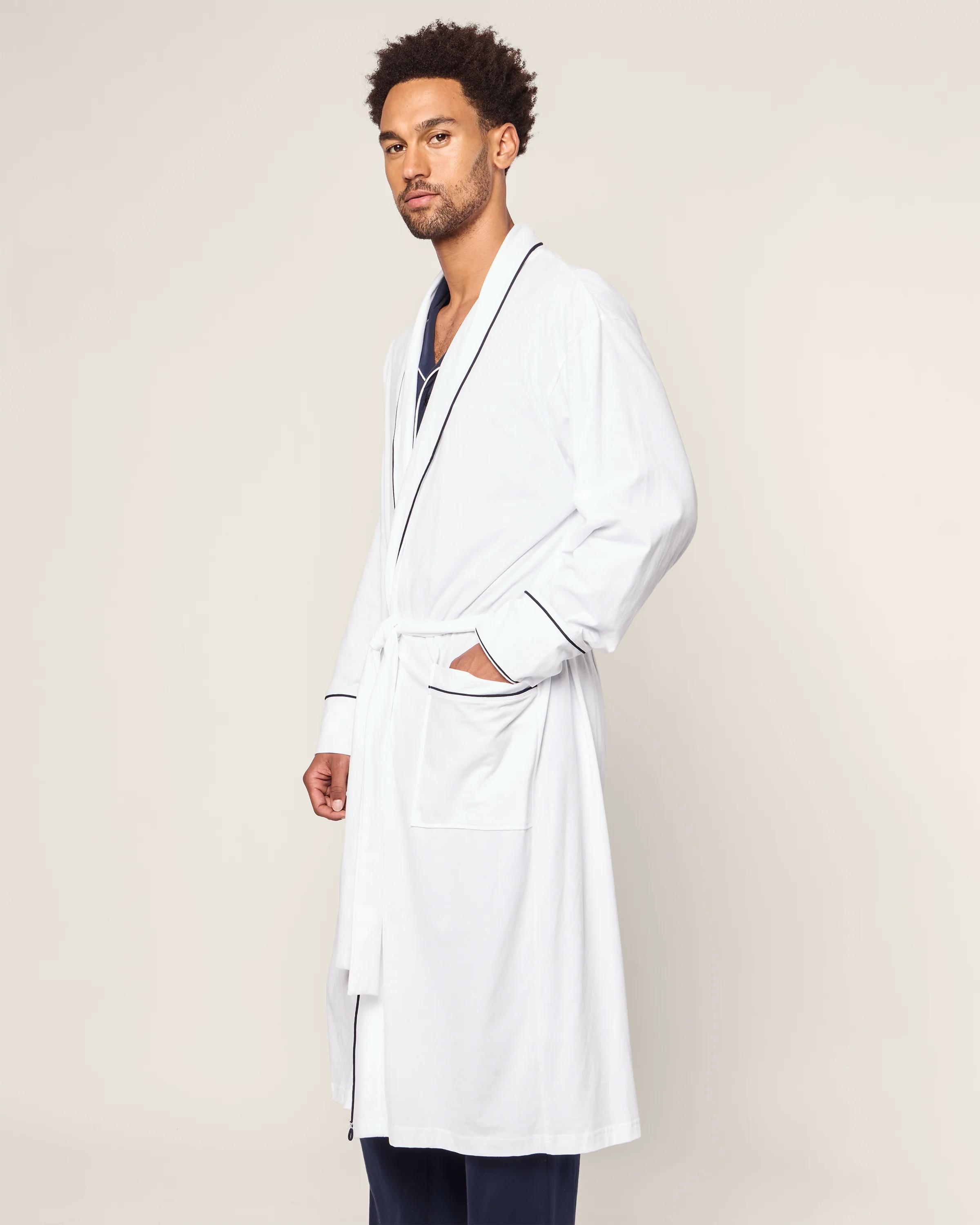 Men's Pima Robe in White with Navy Piping - Image 3