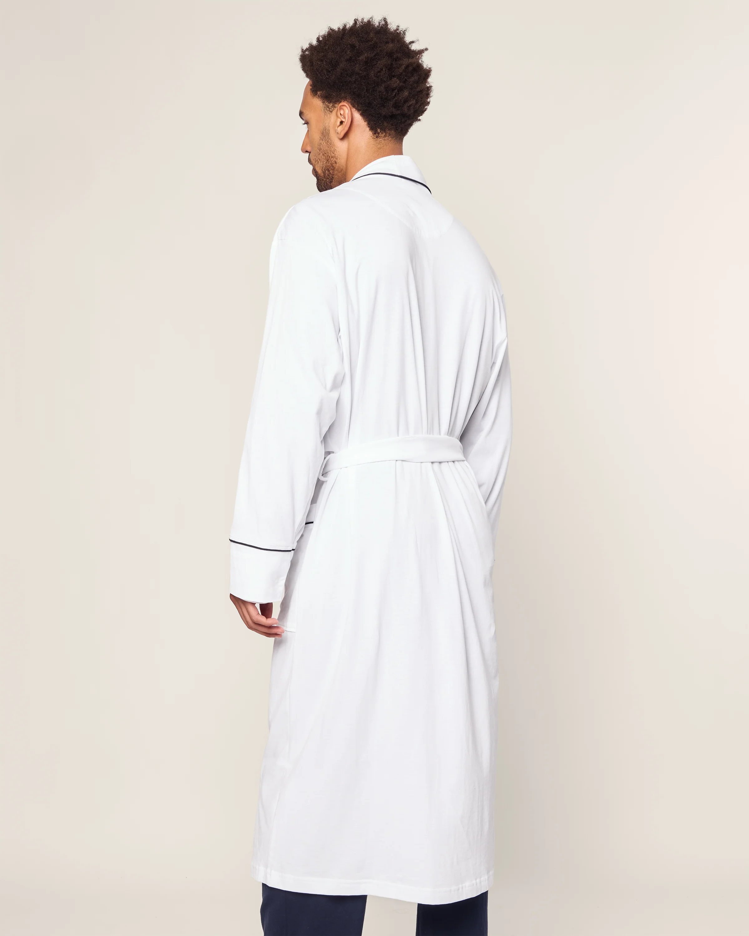 Men's Pima Robe in White with Navy Piping - Image 4