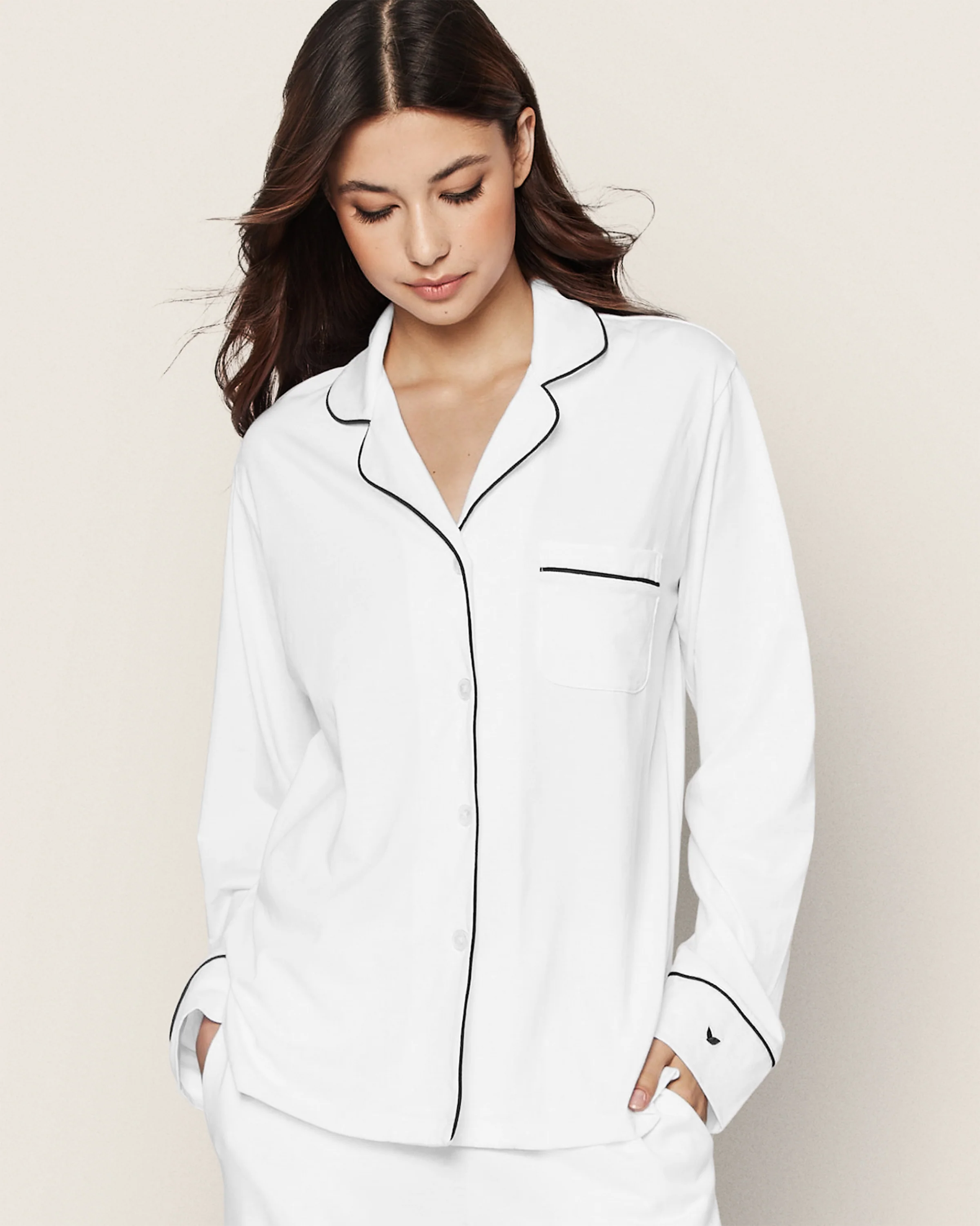 Women's Pima Pajama Set in White with Navy Piping - Image 3