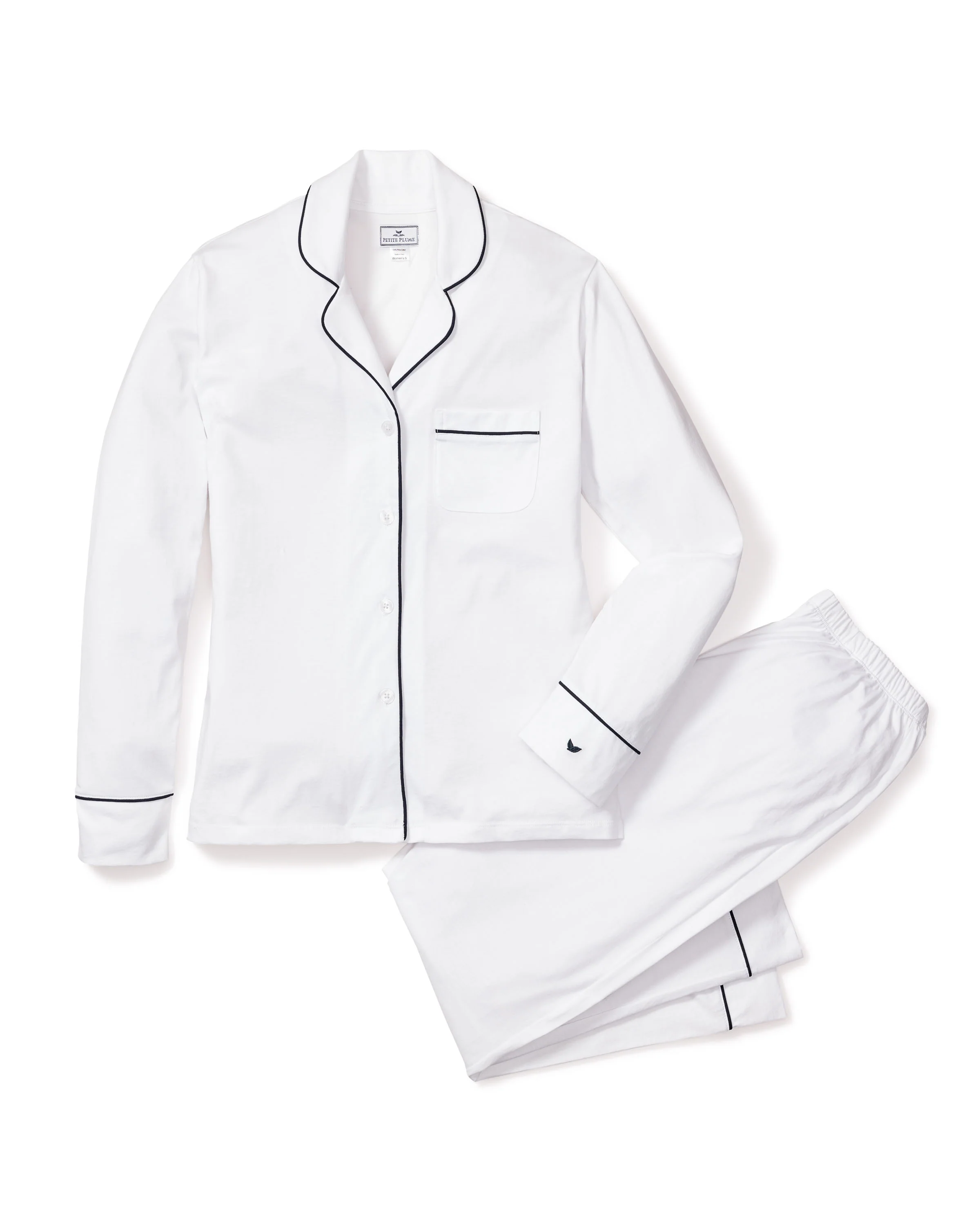 Women's Pima Pajama Set in White with Navy Piping - Image 4