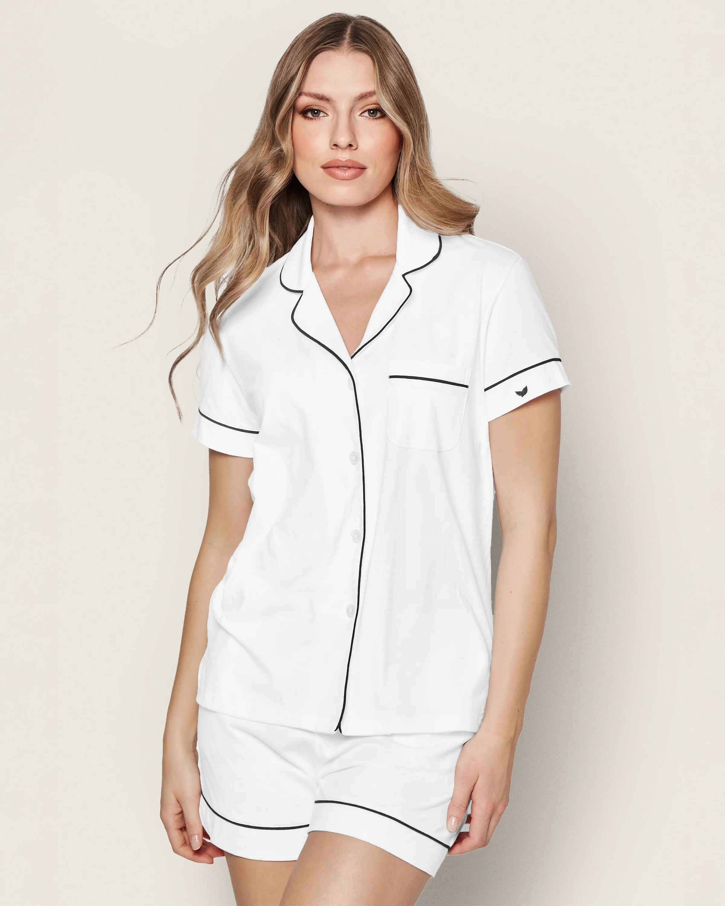 Women's Pima Pajama Short Set in White with Navy Piping