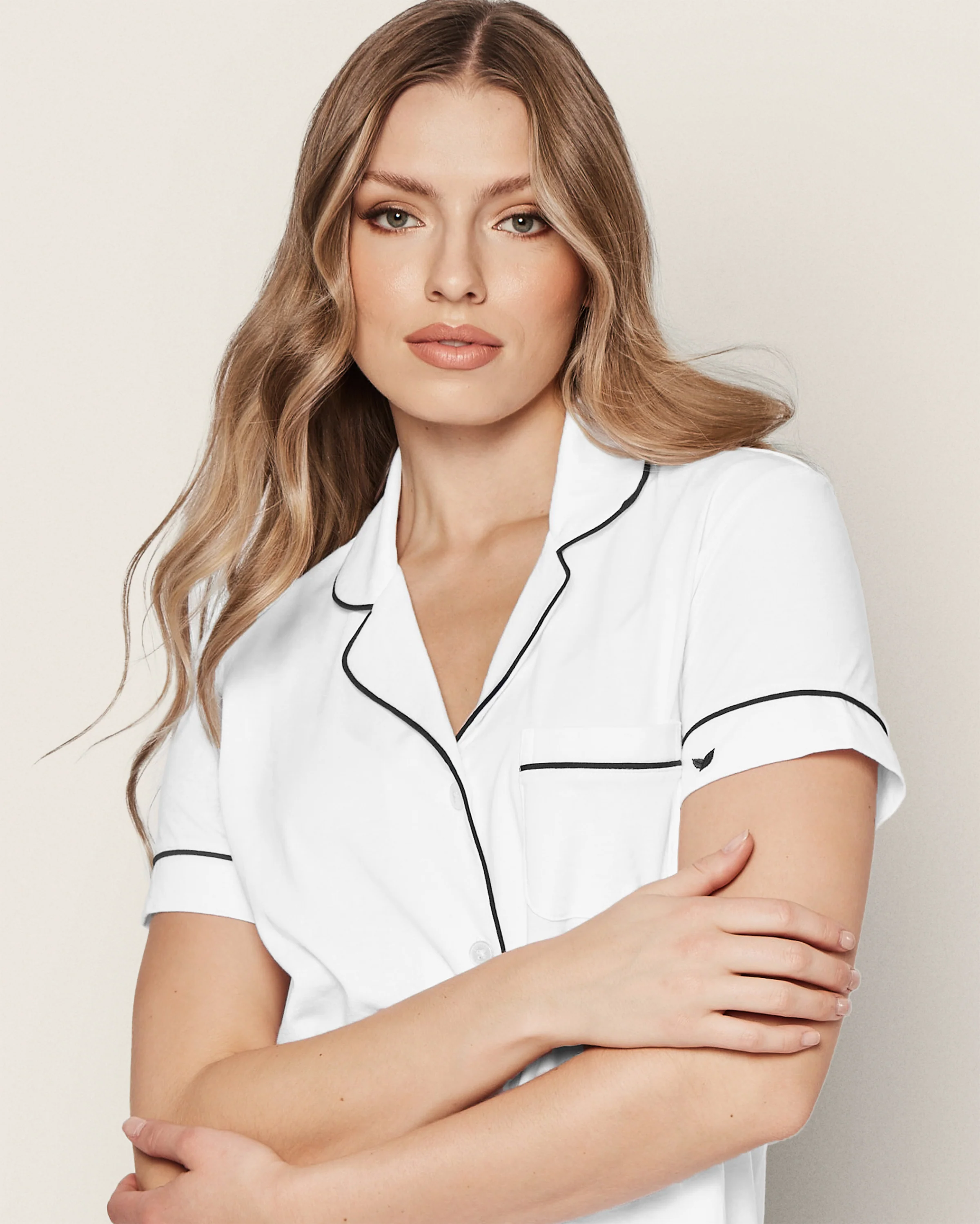 Women's Pima Pajama Short Set in White with Navy Piping - Image 3