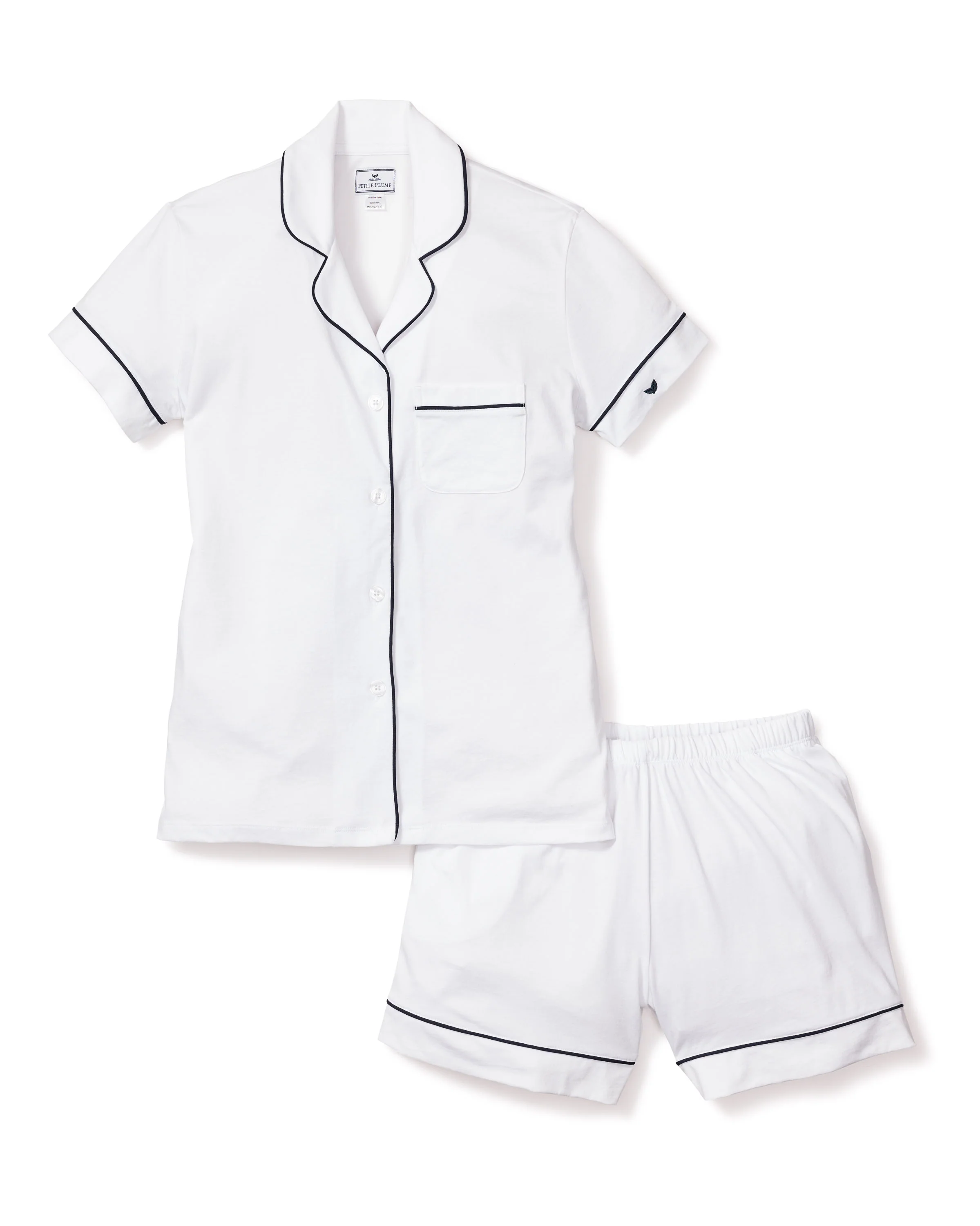 Women's Pima Pajama Short Set in White with Navy Piping - Image 4