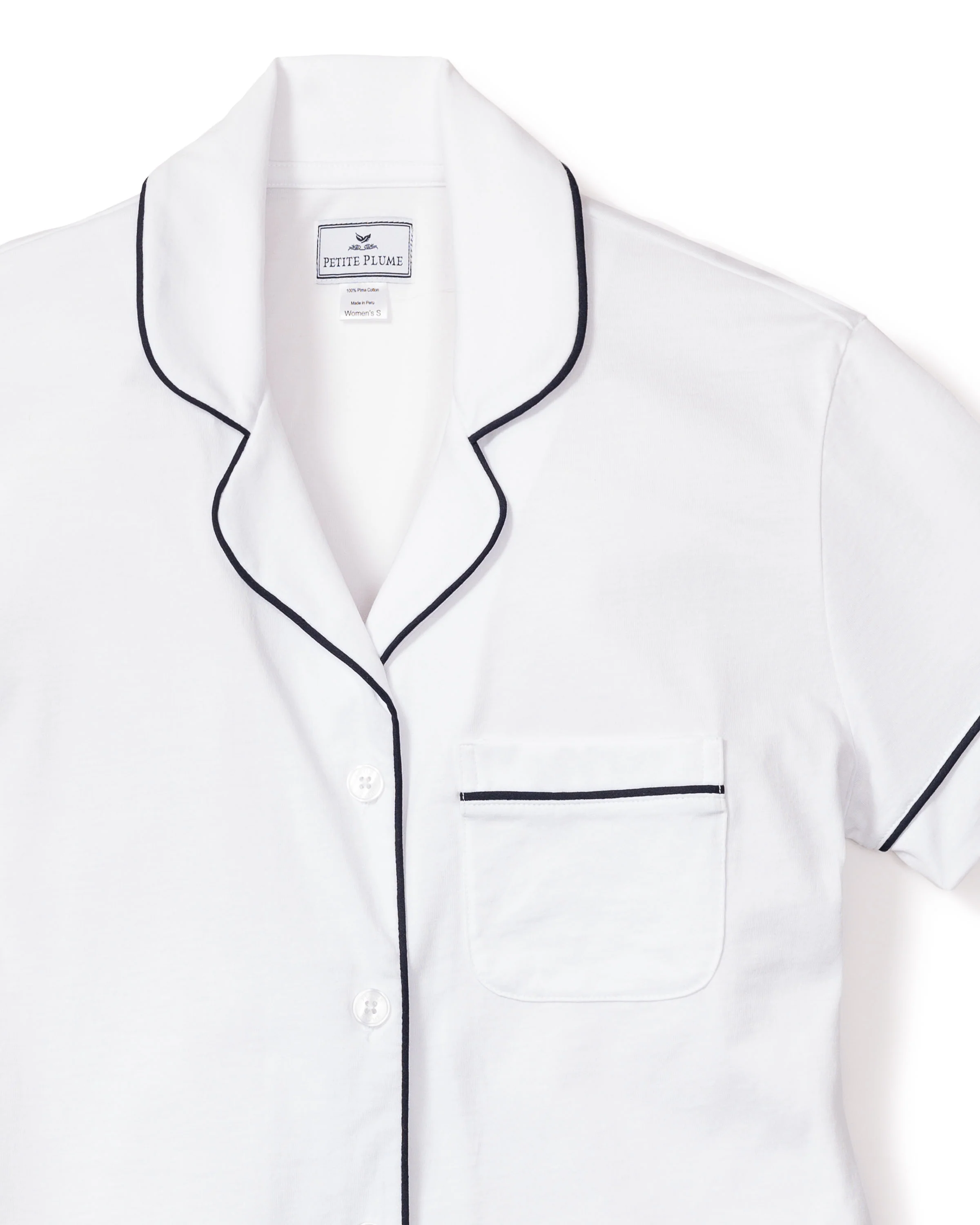 Women's Pima Pajama Short Set in White with Navy Piping - Image 5