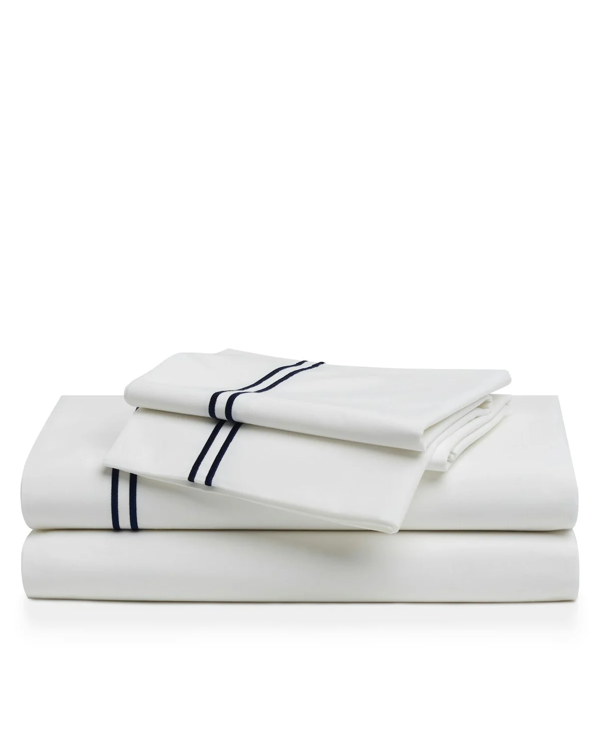 Luxe Premium Percale Bed Sheets in White with Navy Embroidered Border