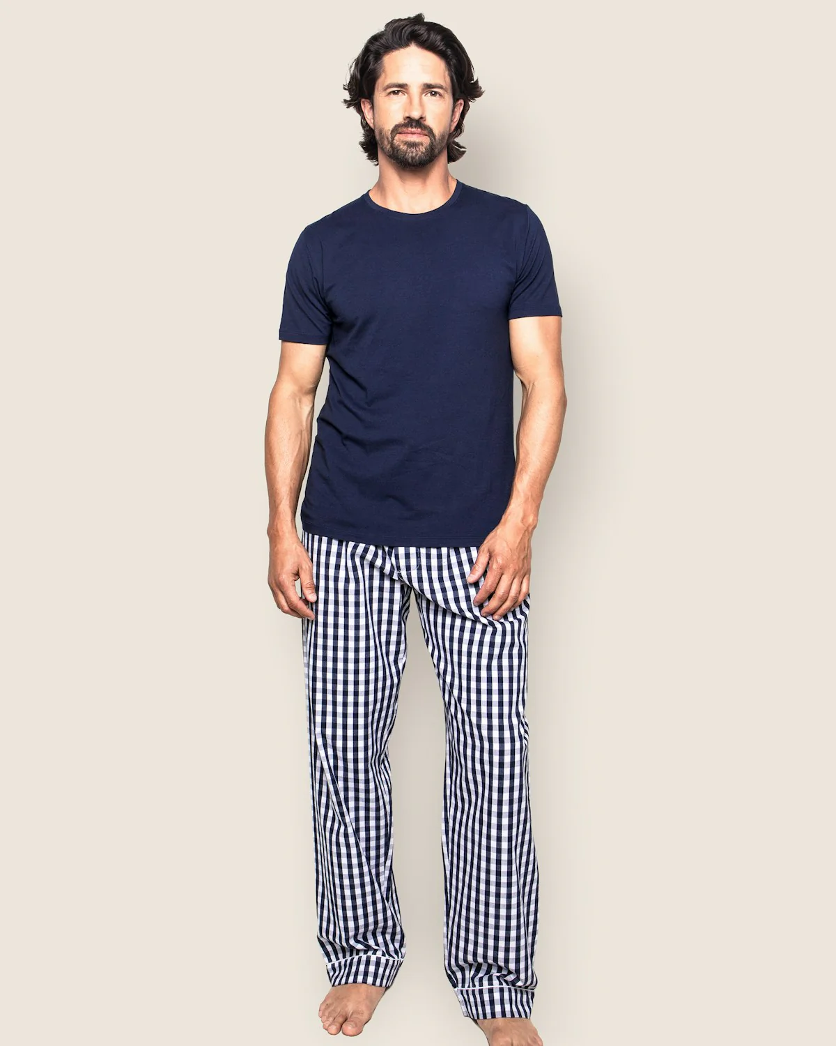 Men’s Twill Pajama Pant Duo in Navy Gingham & Navy French Ticking - Image 2