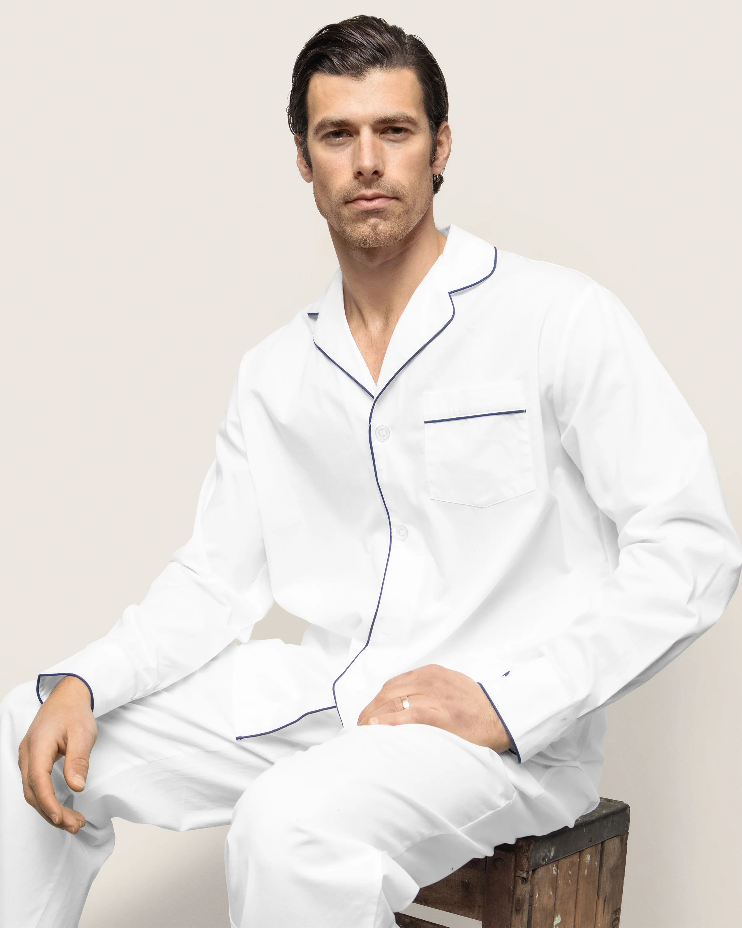 Men's Twill Pajama Set in White with Navy Piping - Image 3