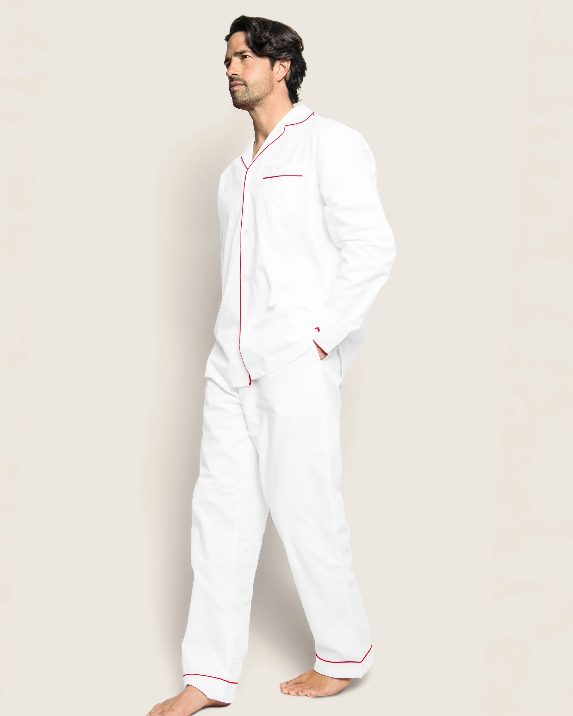 Men's Twill Pajama Set in White with Red Piping - Image 2