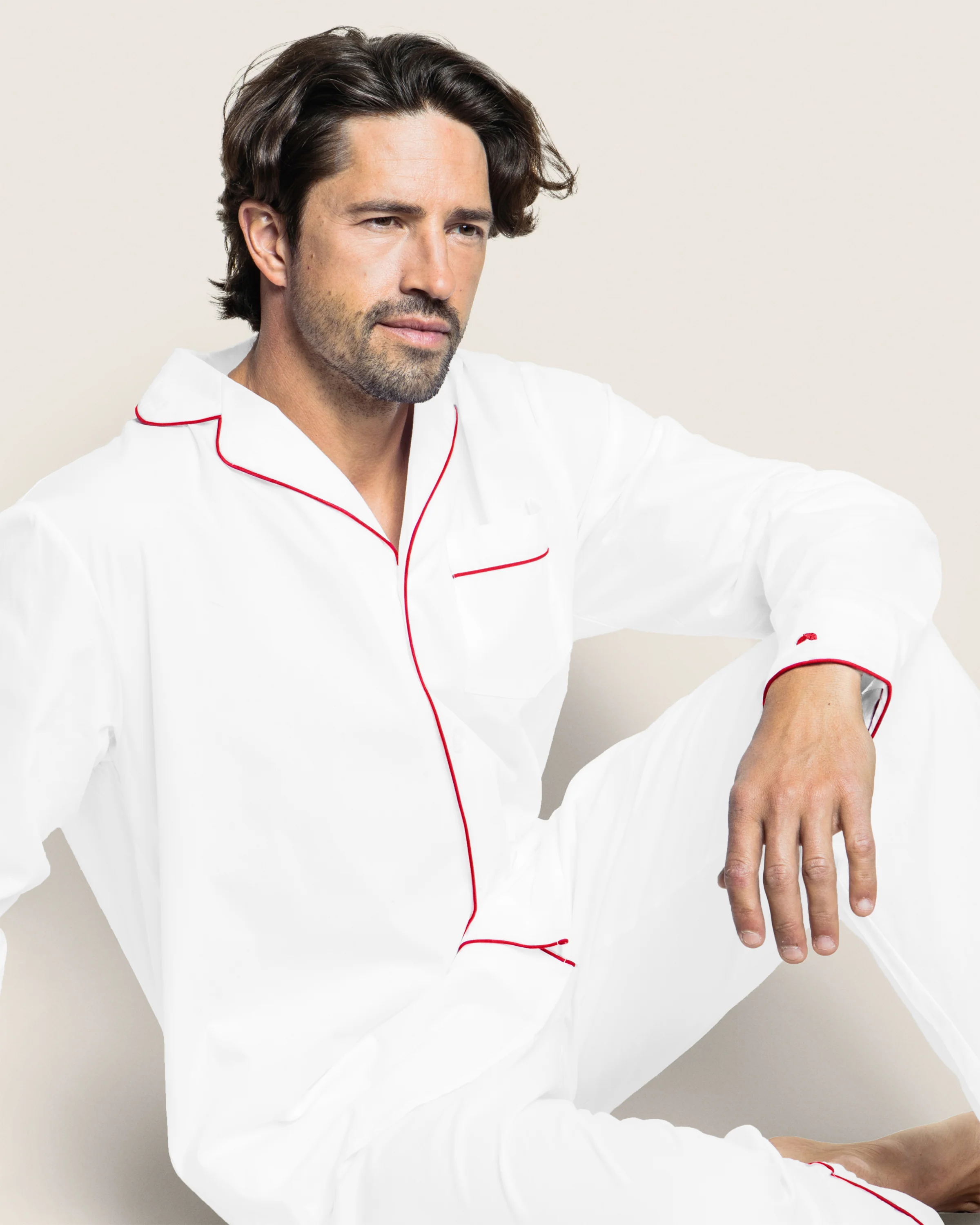 Men's Twill Pajama Set in White with Red Piping - Image 3