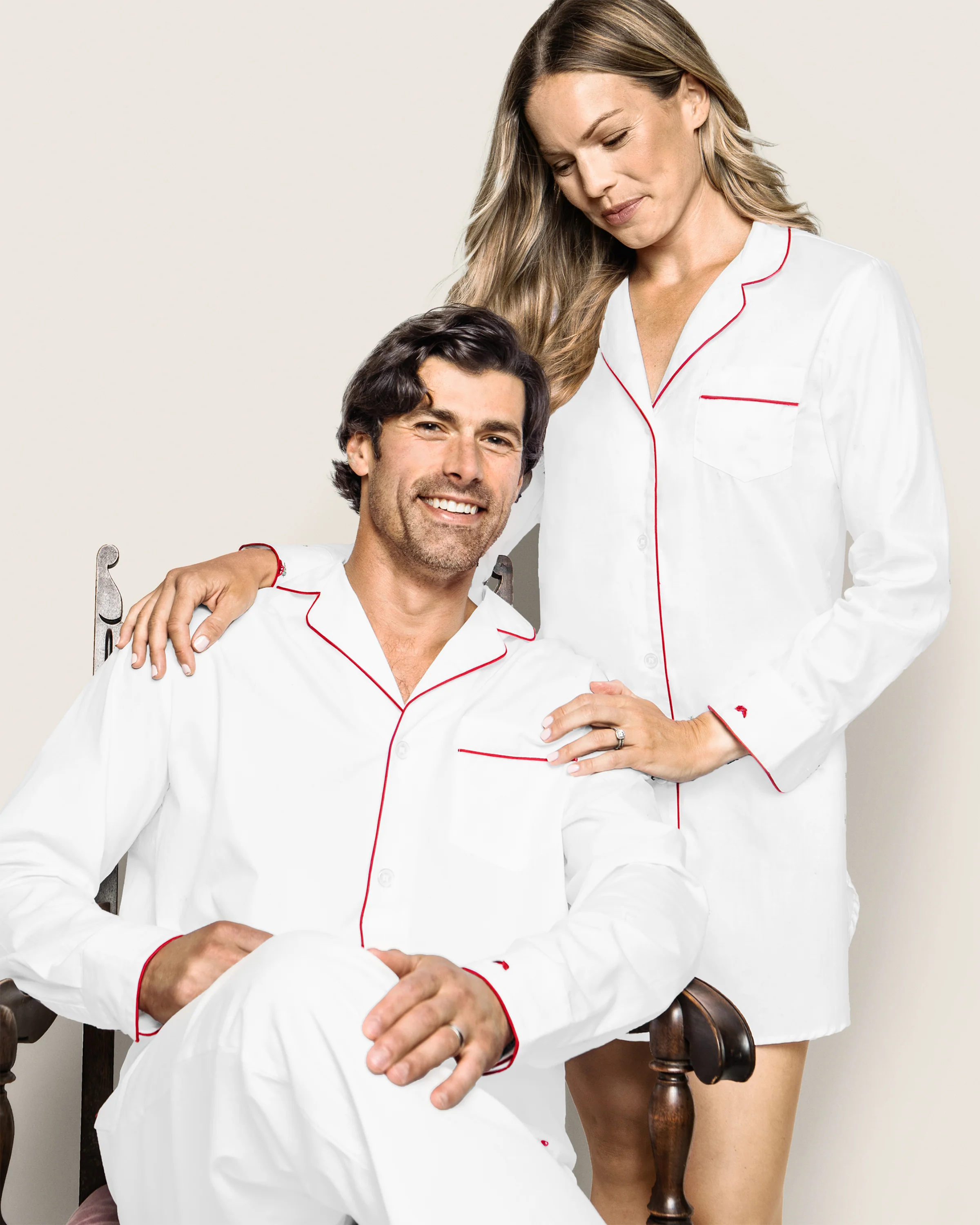 Men's Twill Pajama Set in White with Red Piping - Image 4