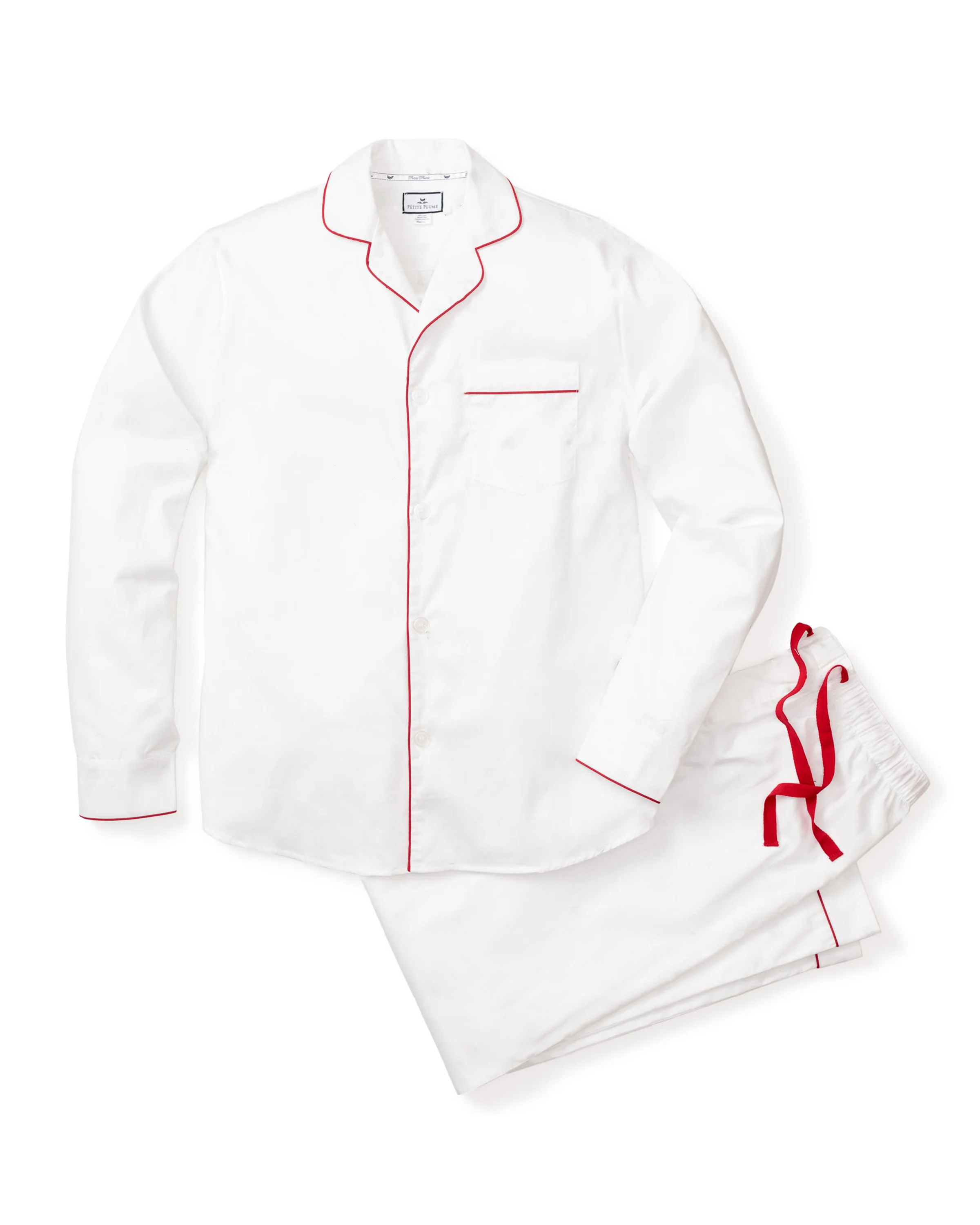Men's Twill Pajama Set in White with Red Piping - Image 5