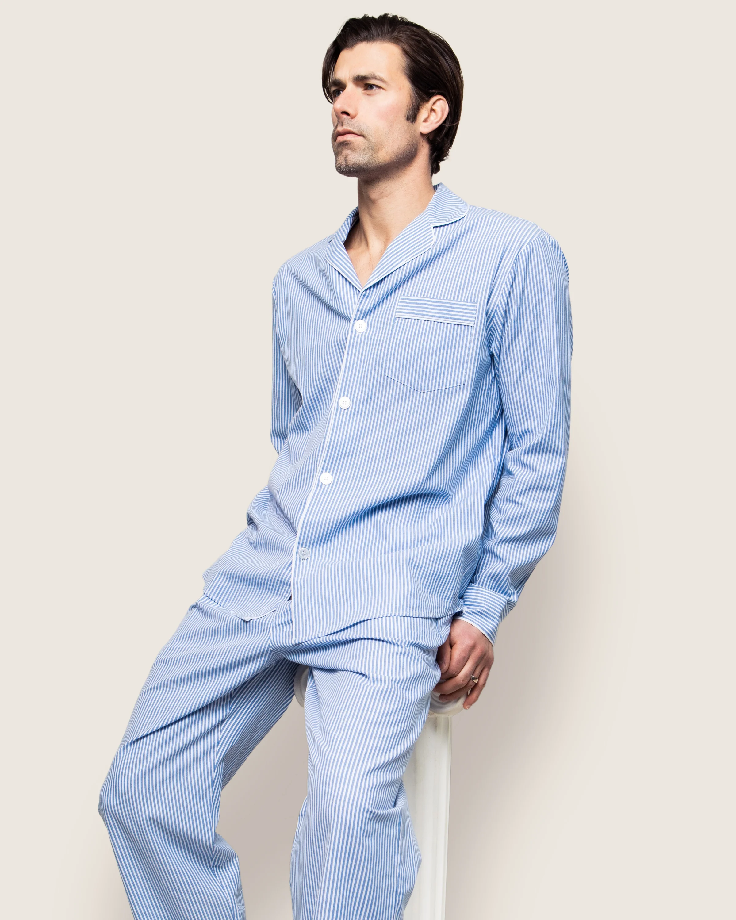 Men's Twill Pajama Set in French Blue Heritage Stripe - Image 3