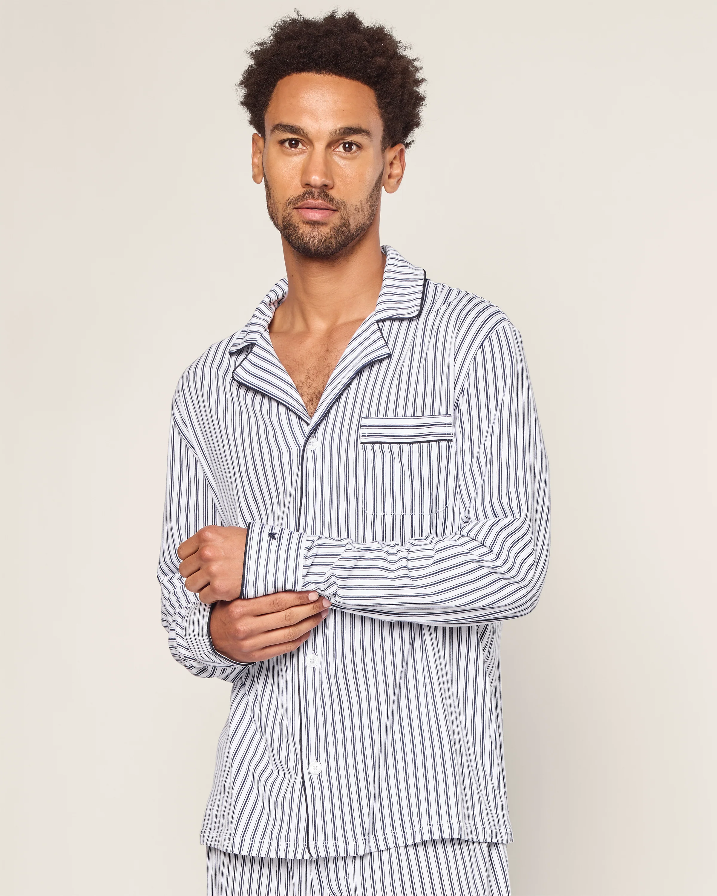 Men's Pima Pajama Set in Navy French Ticking - Image 4