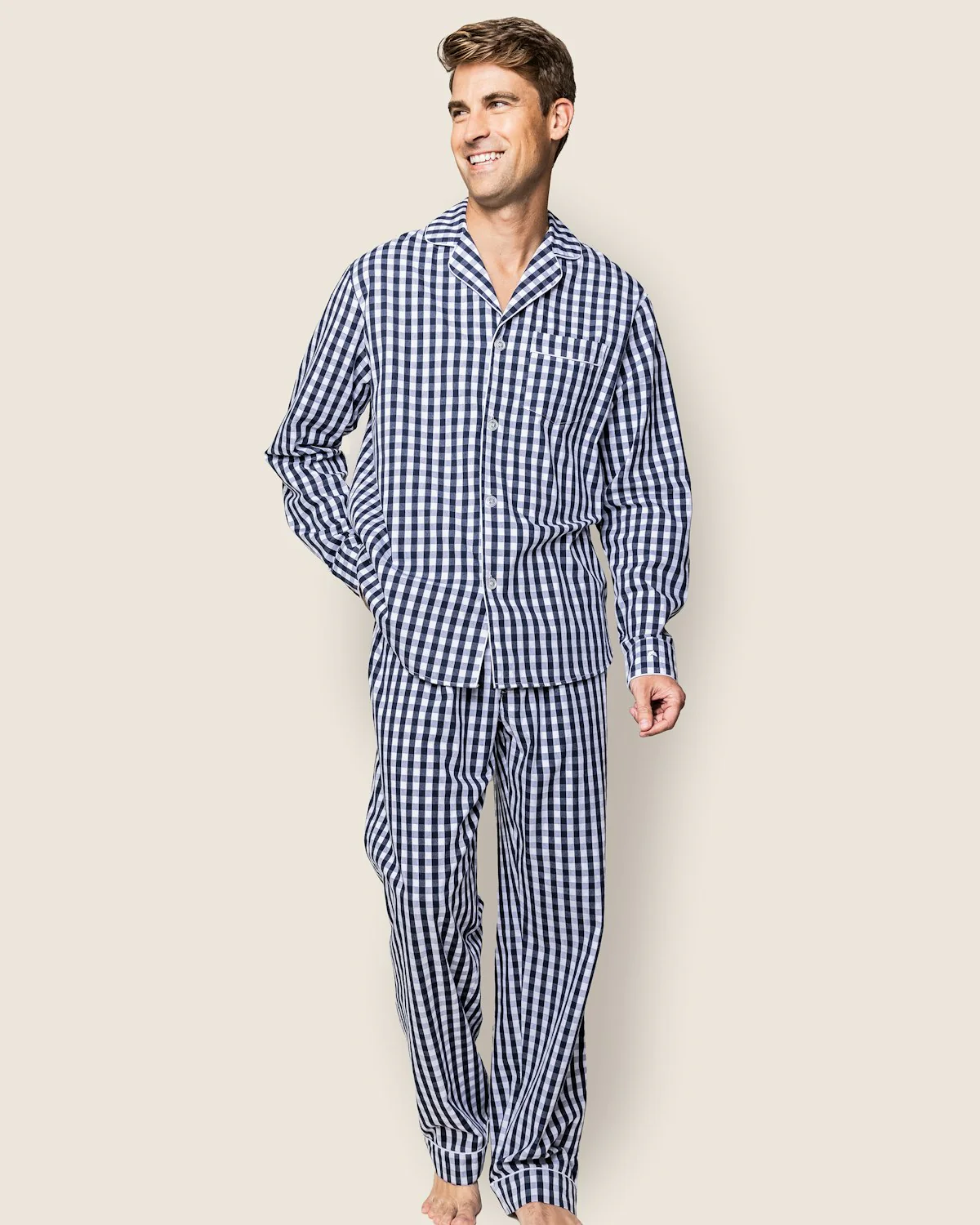 Men's Twill Pajama Set in Navy Gingham - Image 2