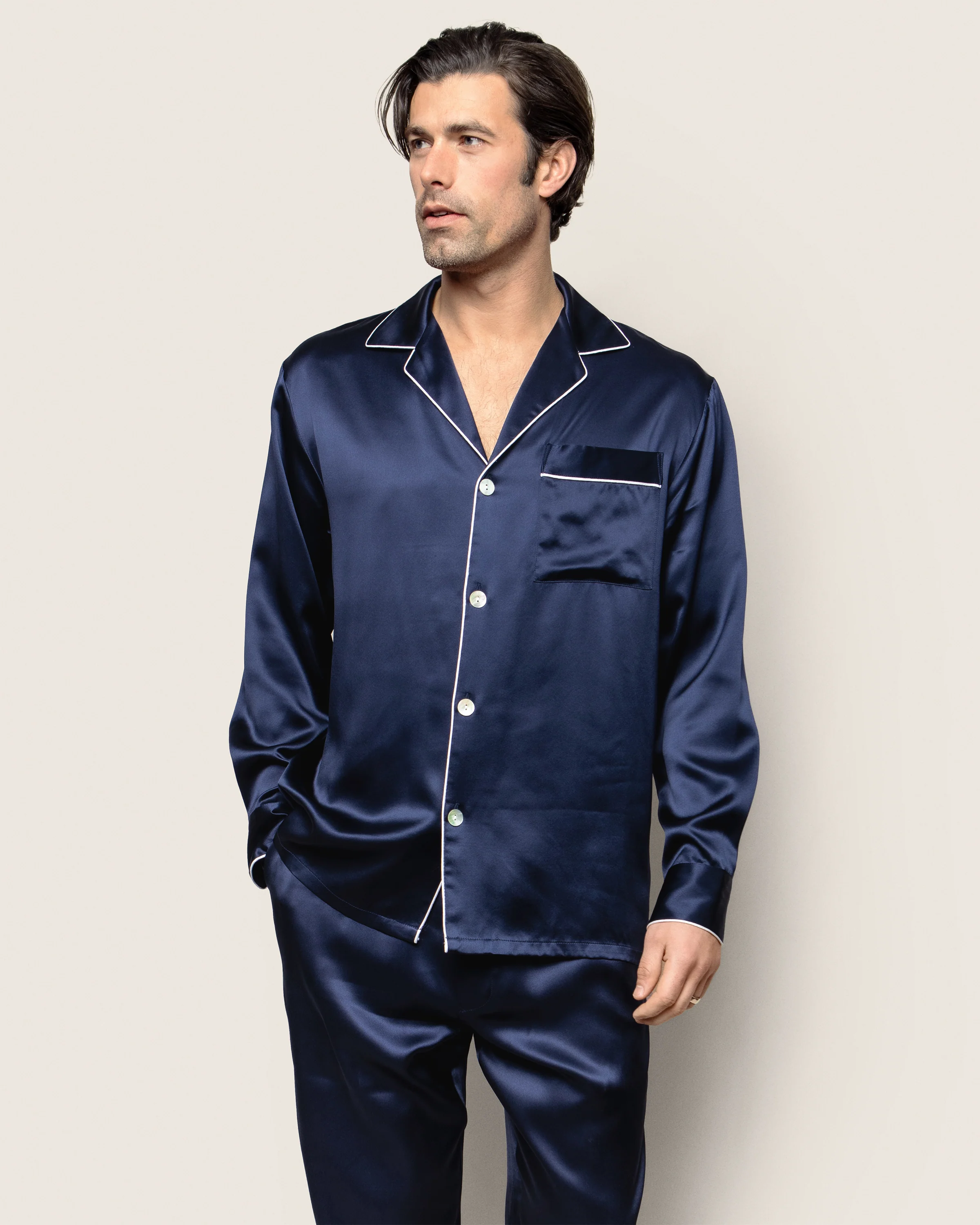 Men's Silk Pajama Set in Navy - Image 3