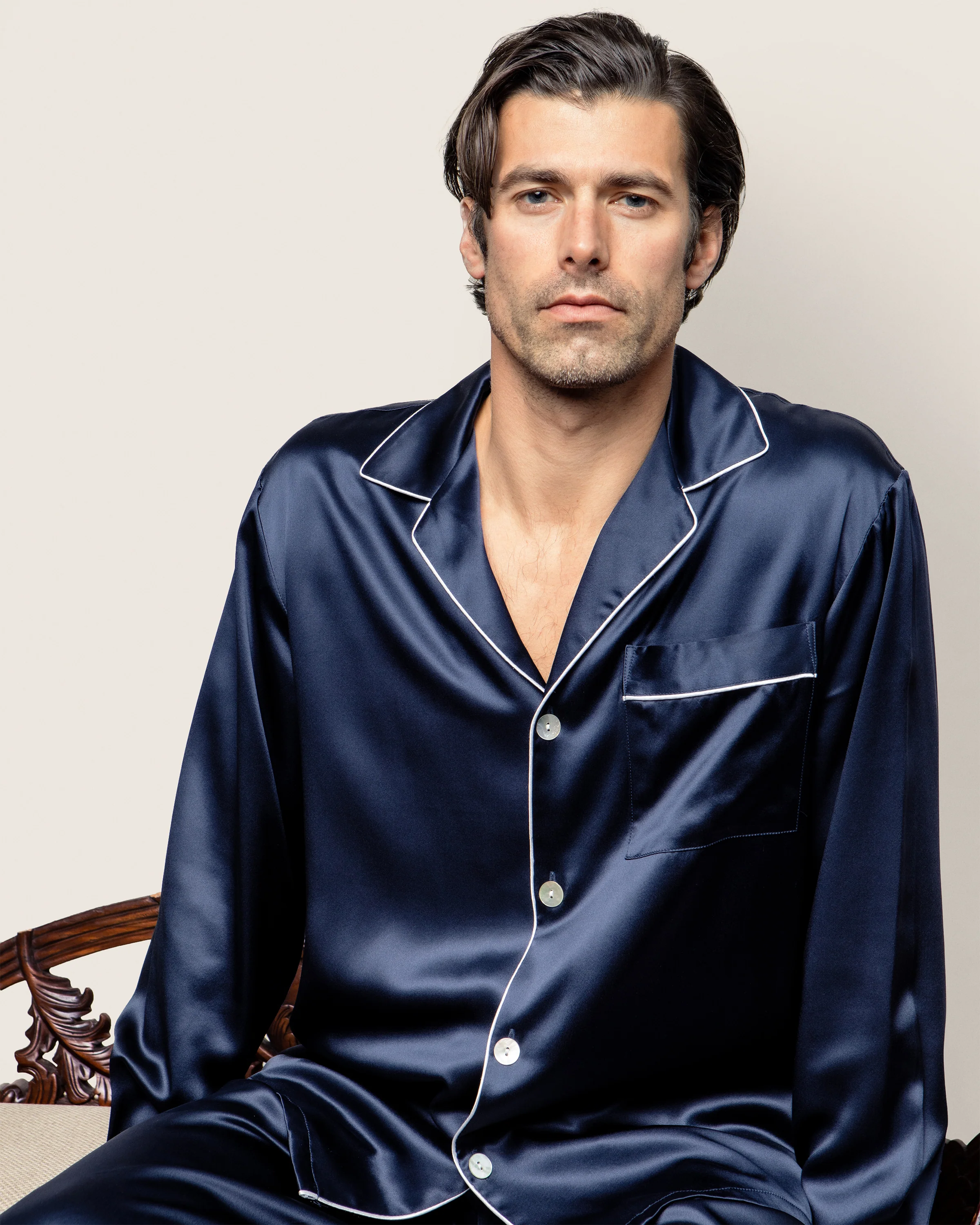 Men's Silk Pajama Set in Navy - Image 4