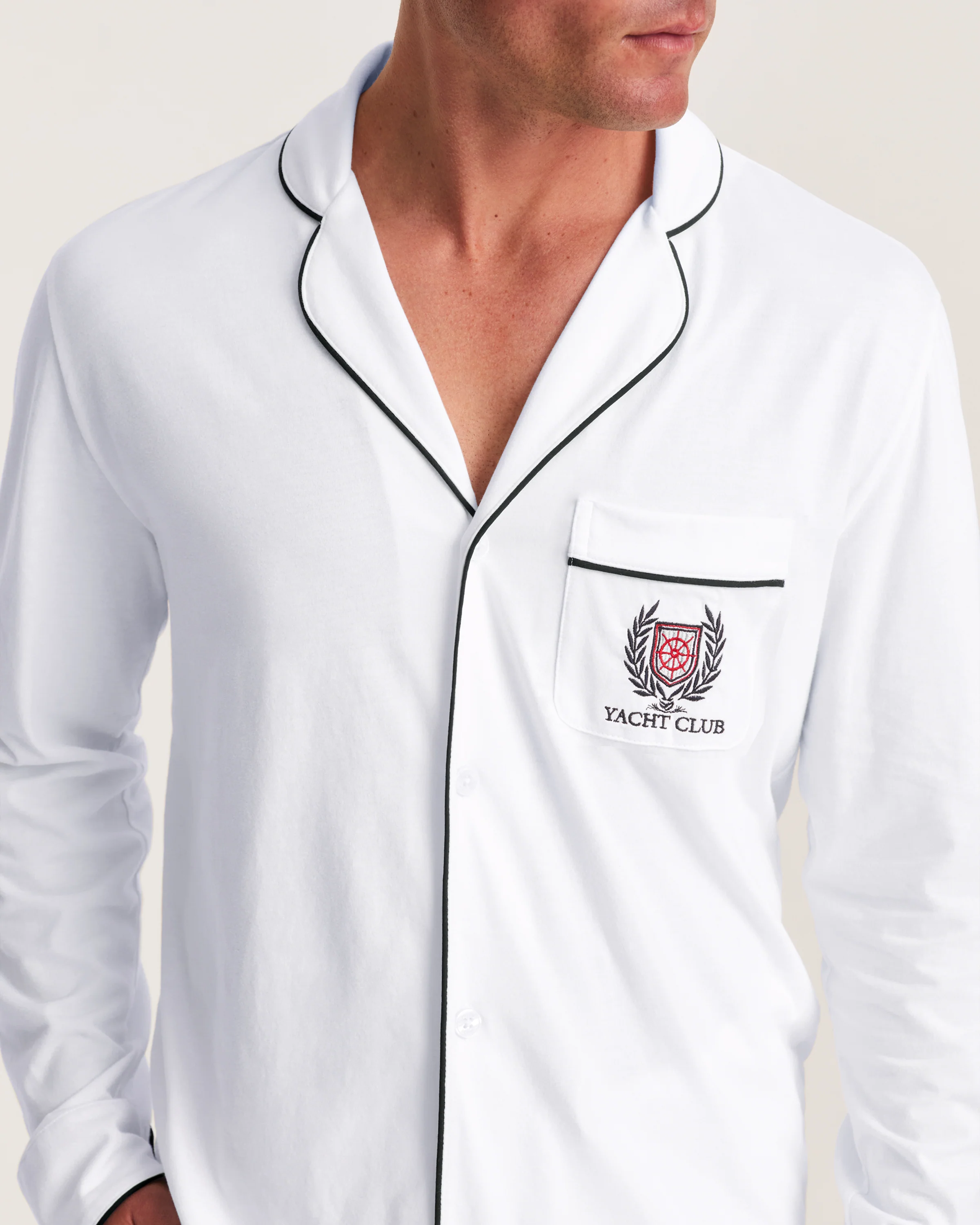 Men's Pima Pajama Set in White with Yacht Club Embroidery - Image 2