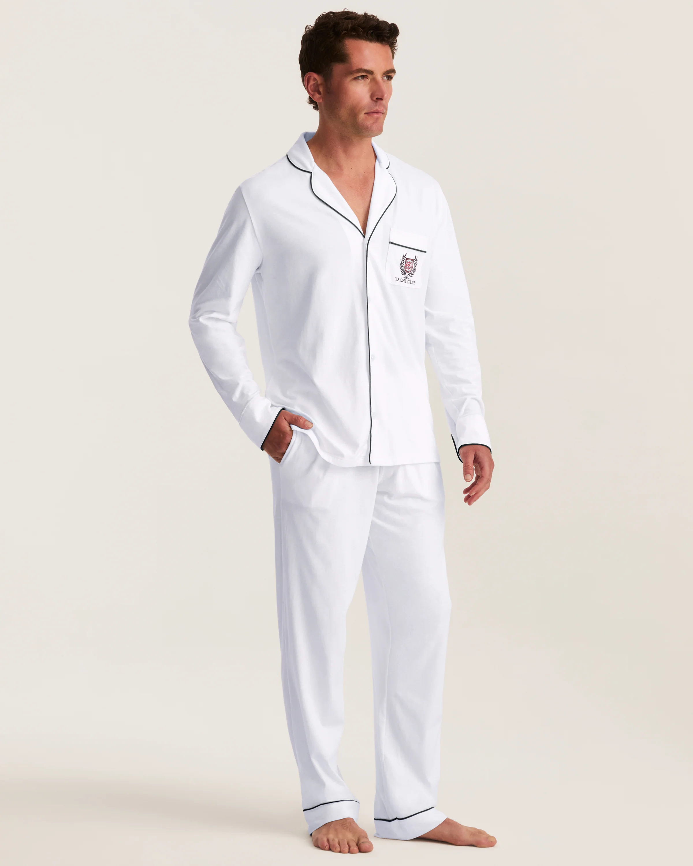 Men's Pima Pajama Set in White with Yacht Club Embroidery - Image 3