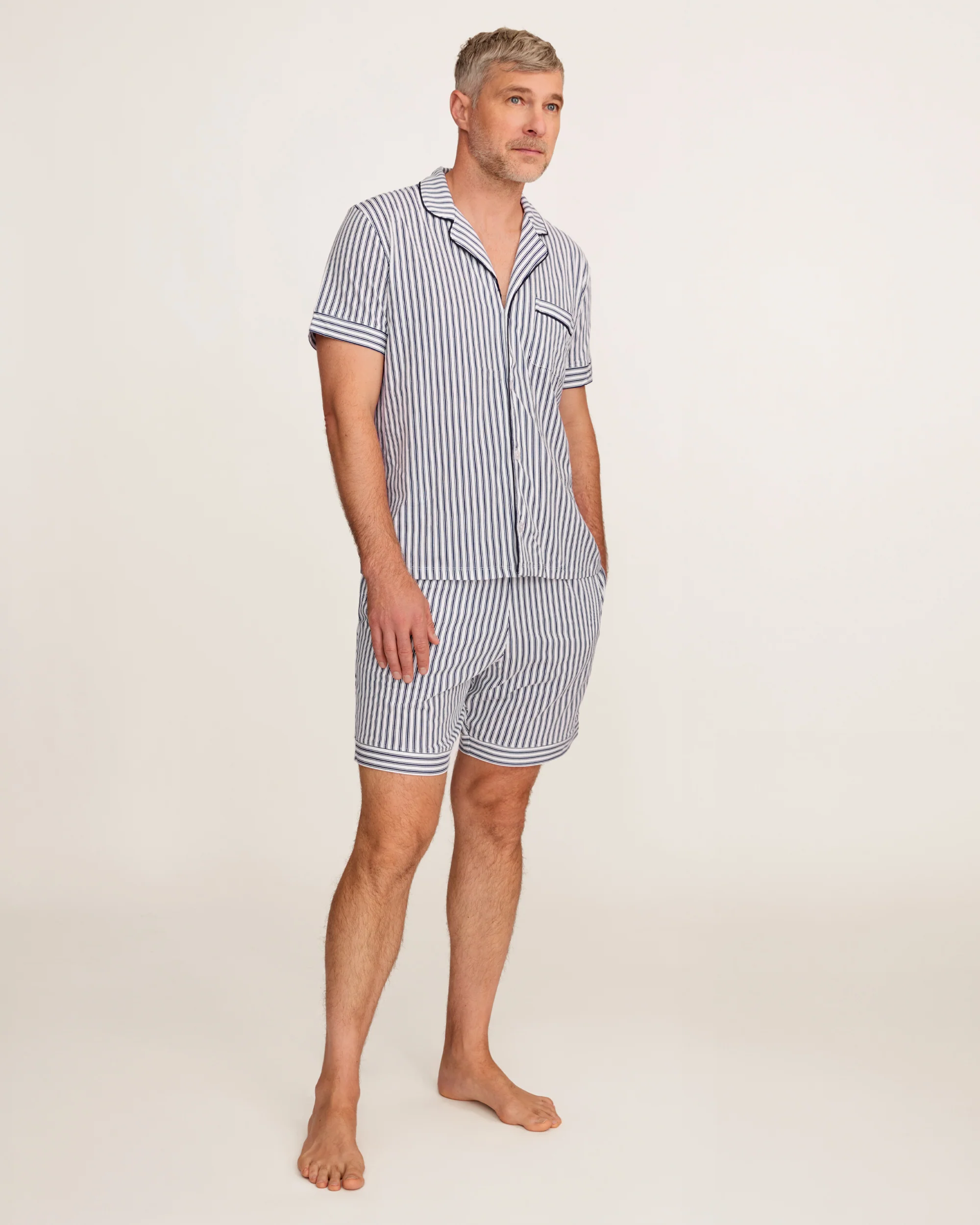 Men's Pima Pajama Short Set in Navy French Ticking