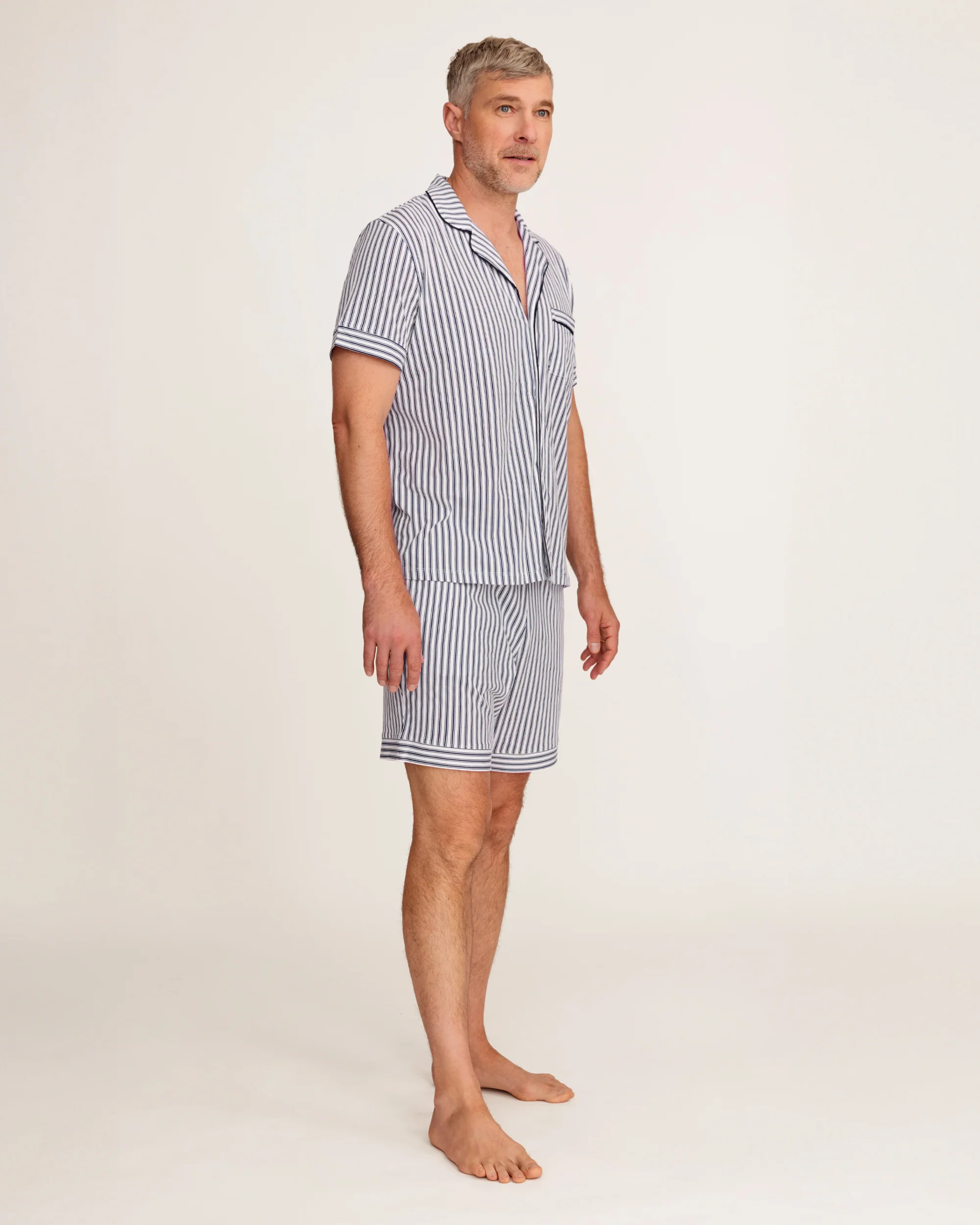 Men's Pima Pajama Short Set in Navy French Ticking - Image 3