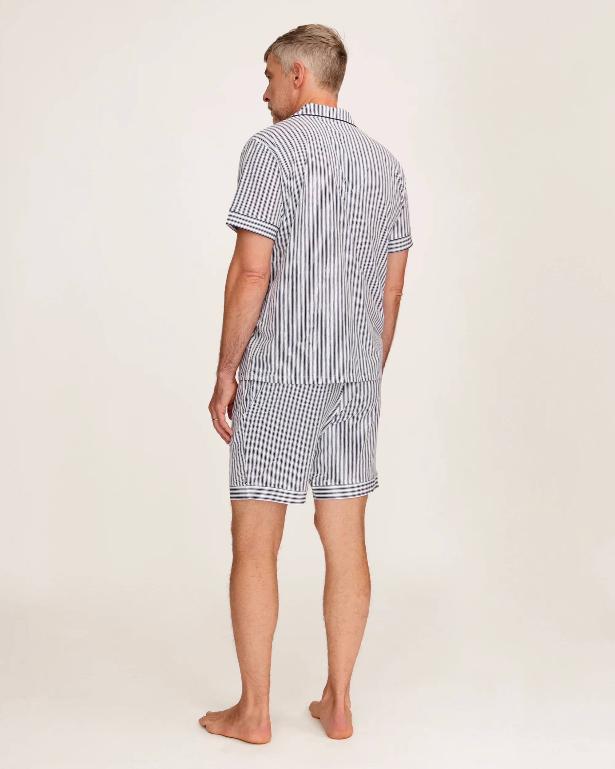 Men's Pima Pajama Short Set in Navy French Ticking - Image 4