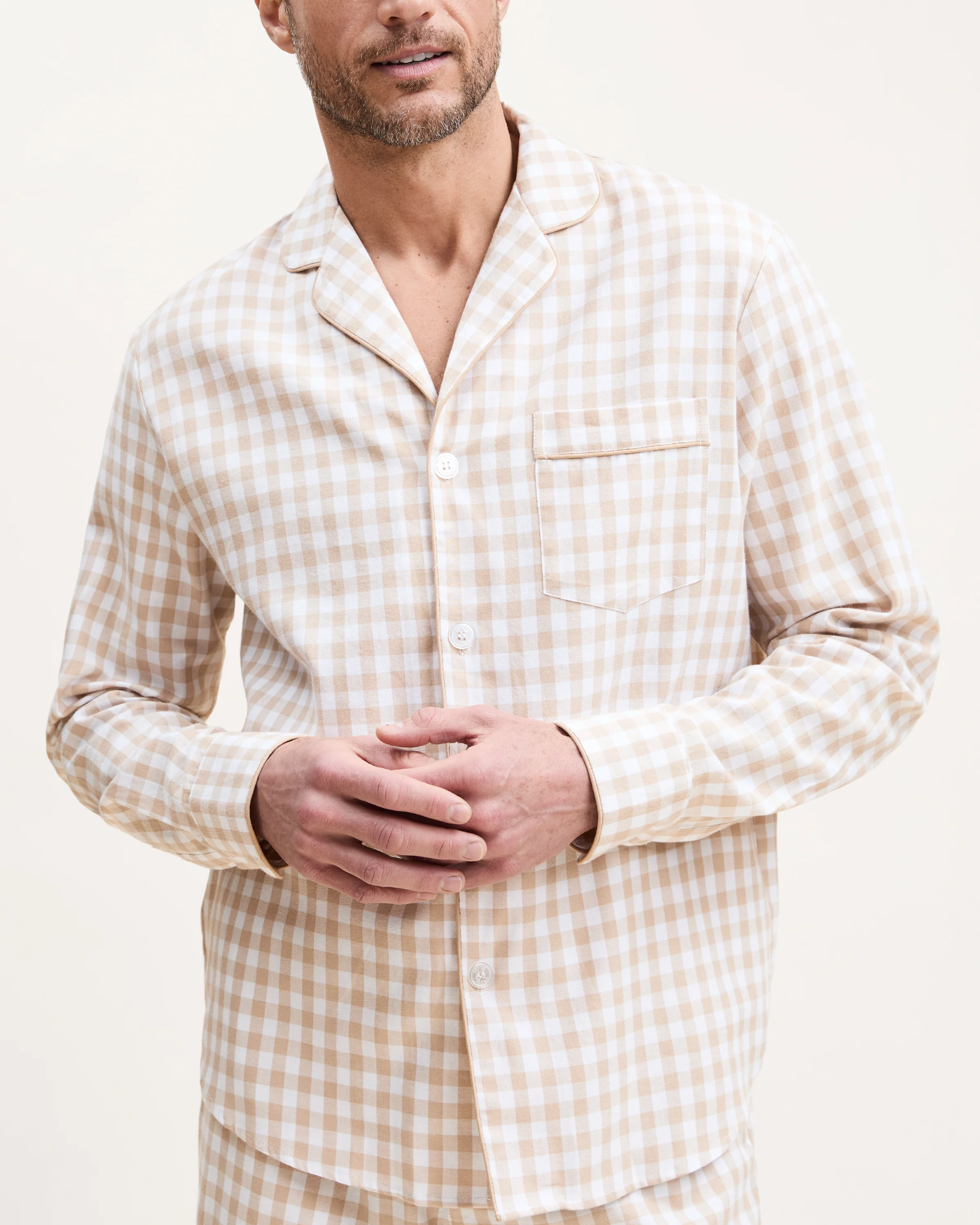 Men's Twill Pajama Set in Camel Gingham - Image 2