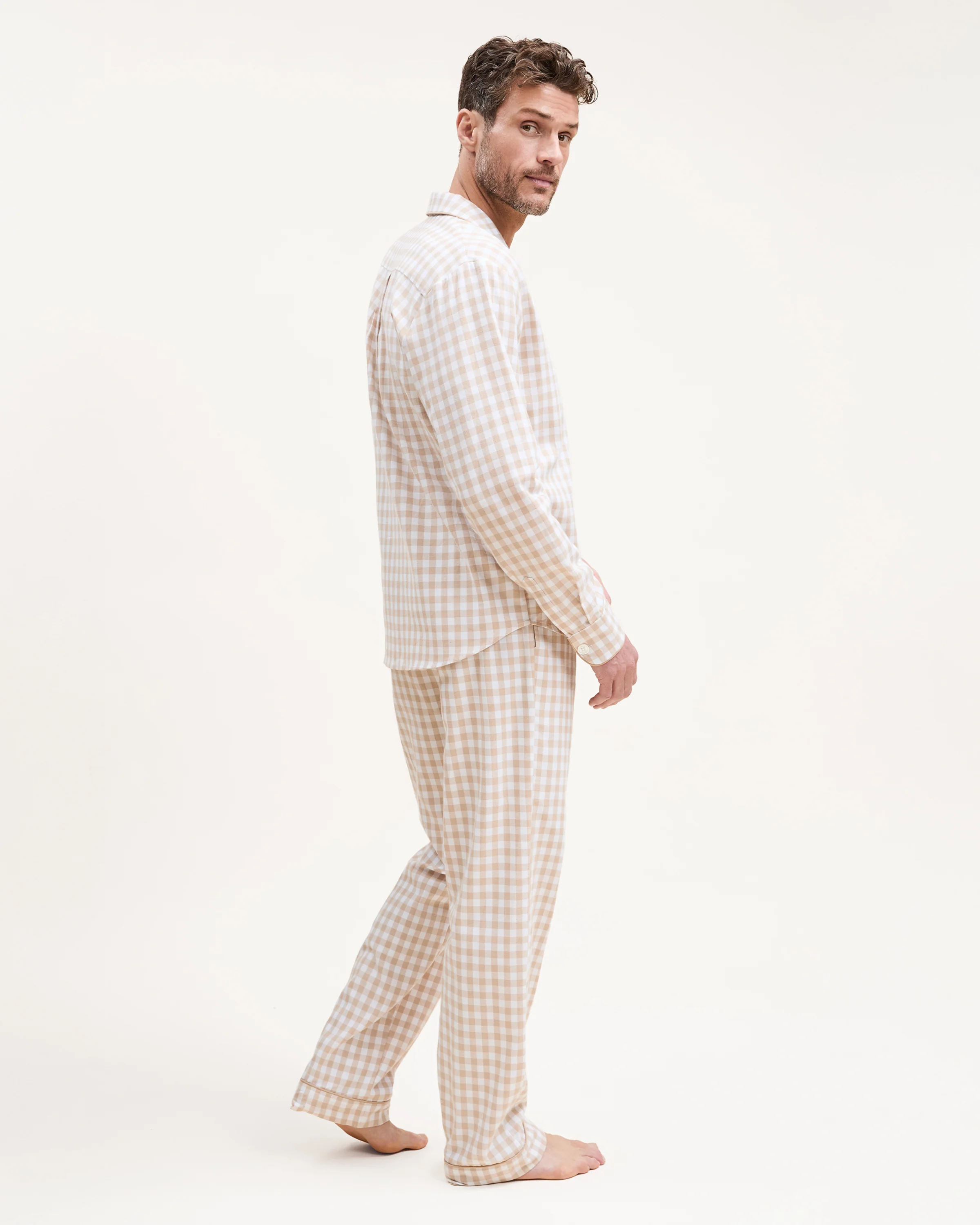 Men's Twill Pajama Set in Camel Gingham - Image 3