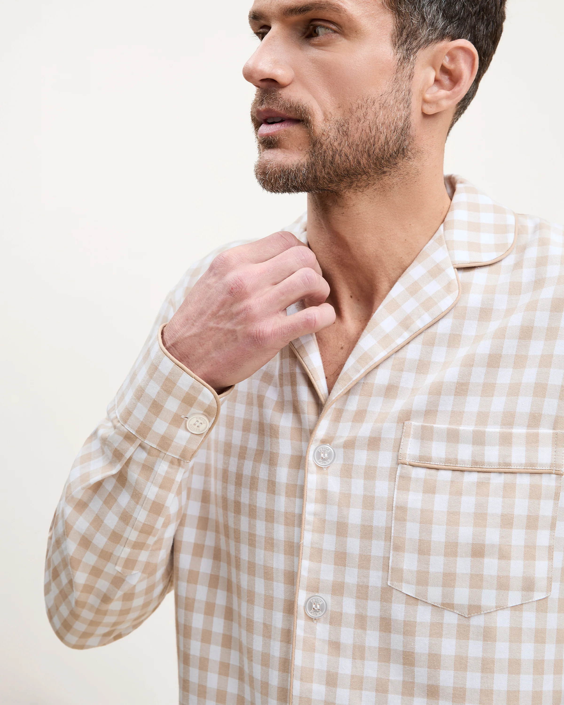 Men's Twill Pajama Set in Camel Gingham - Image 5