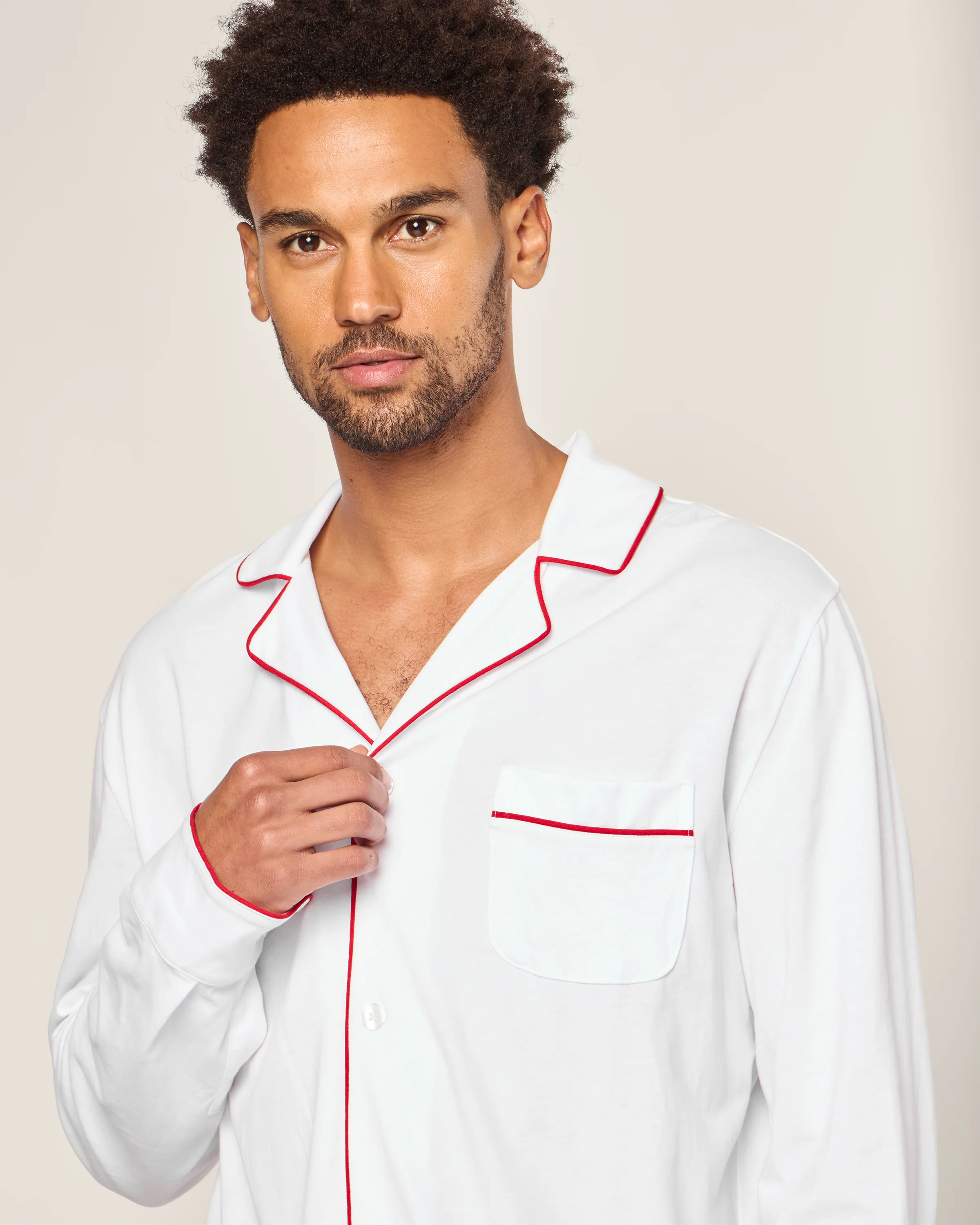 Men's Pima Pajama Set in White with Red Piping - Image 4