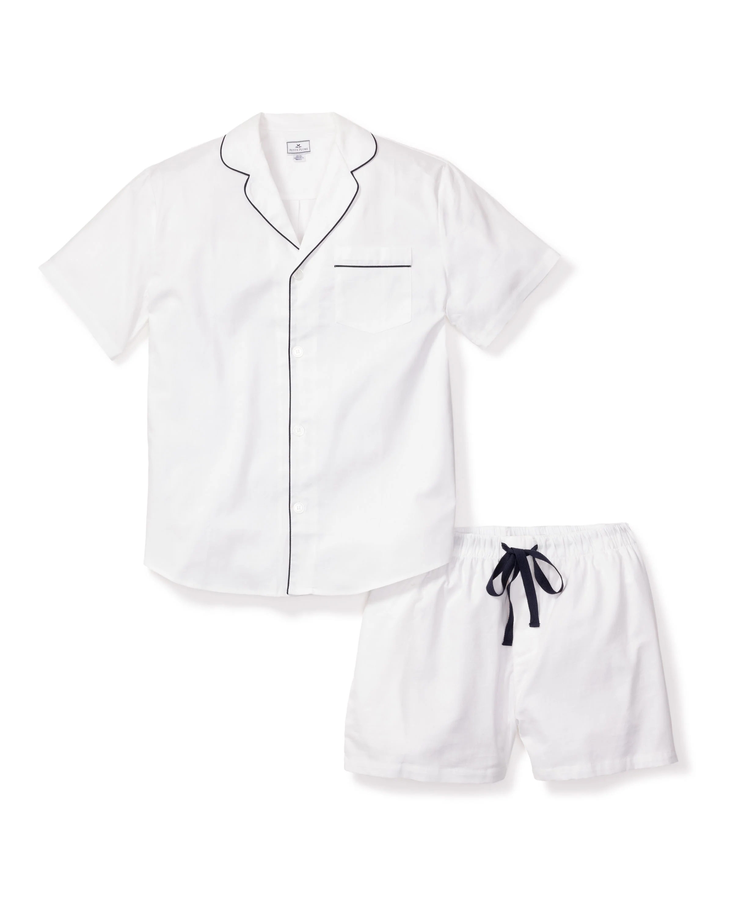 Men's Twill Pajama Short Set in White with Navy Piping - Image 3