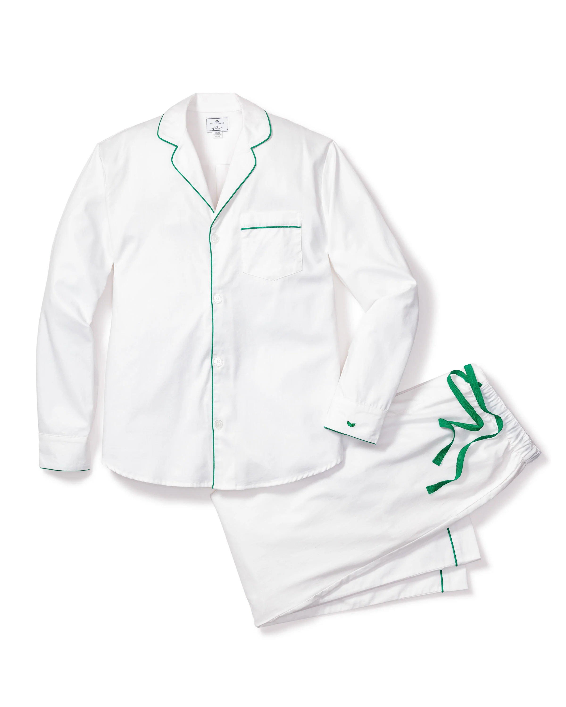Men's Twill Pajama Set in White with Green Piping - Image 3
