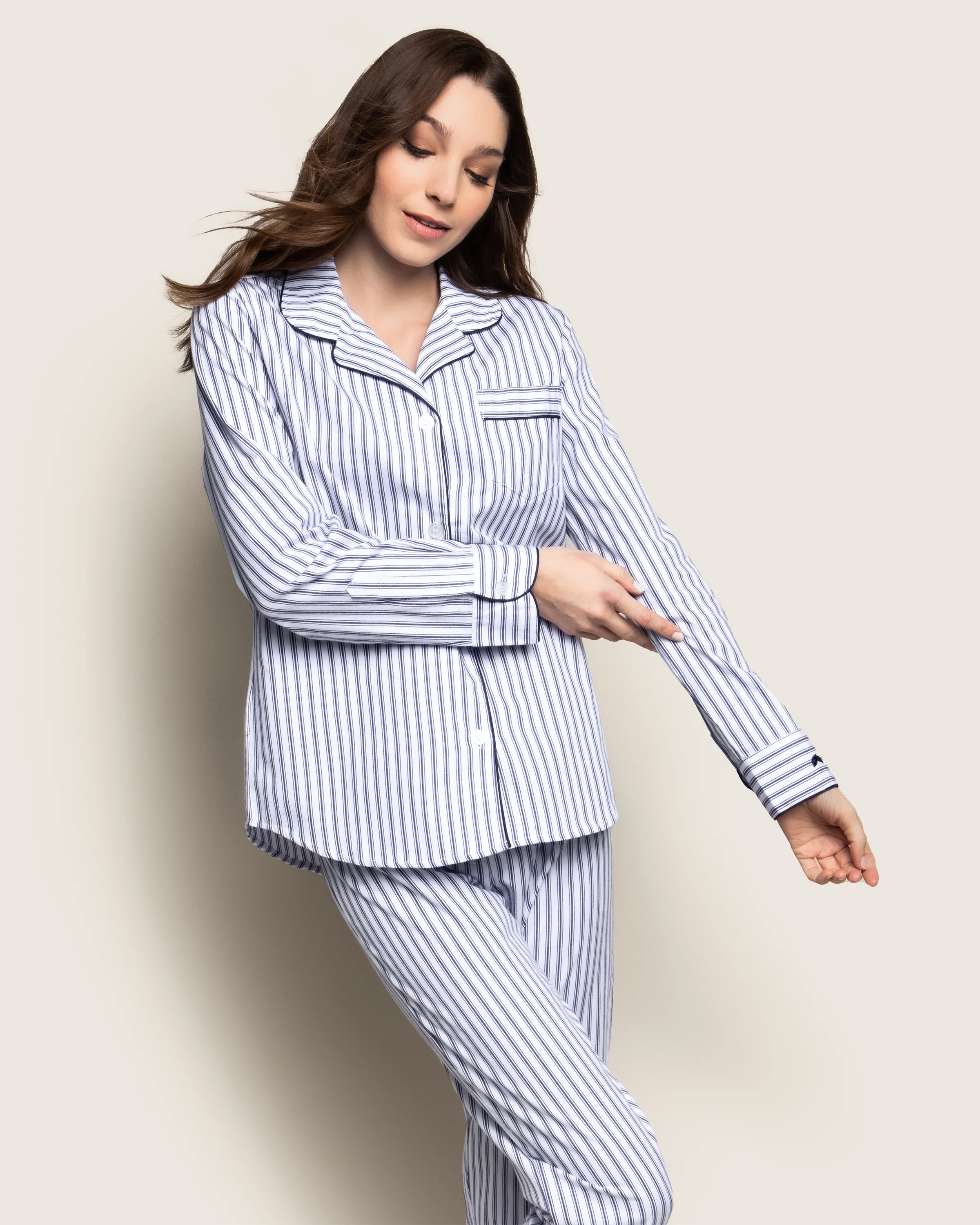 Women's Twill Pajama Set in Navy French Ticking - Image 3