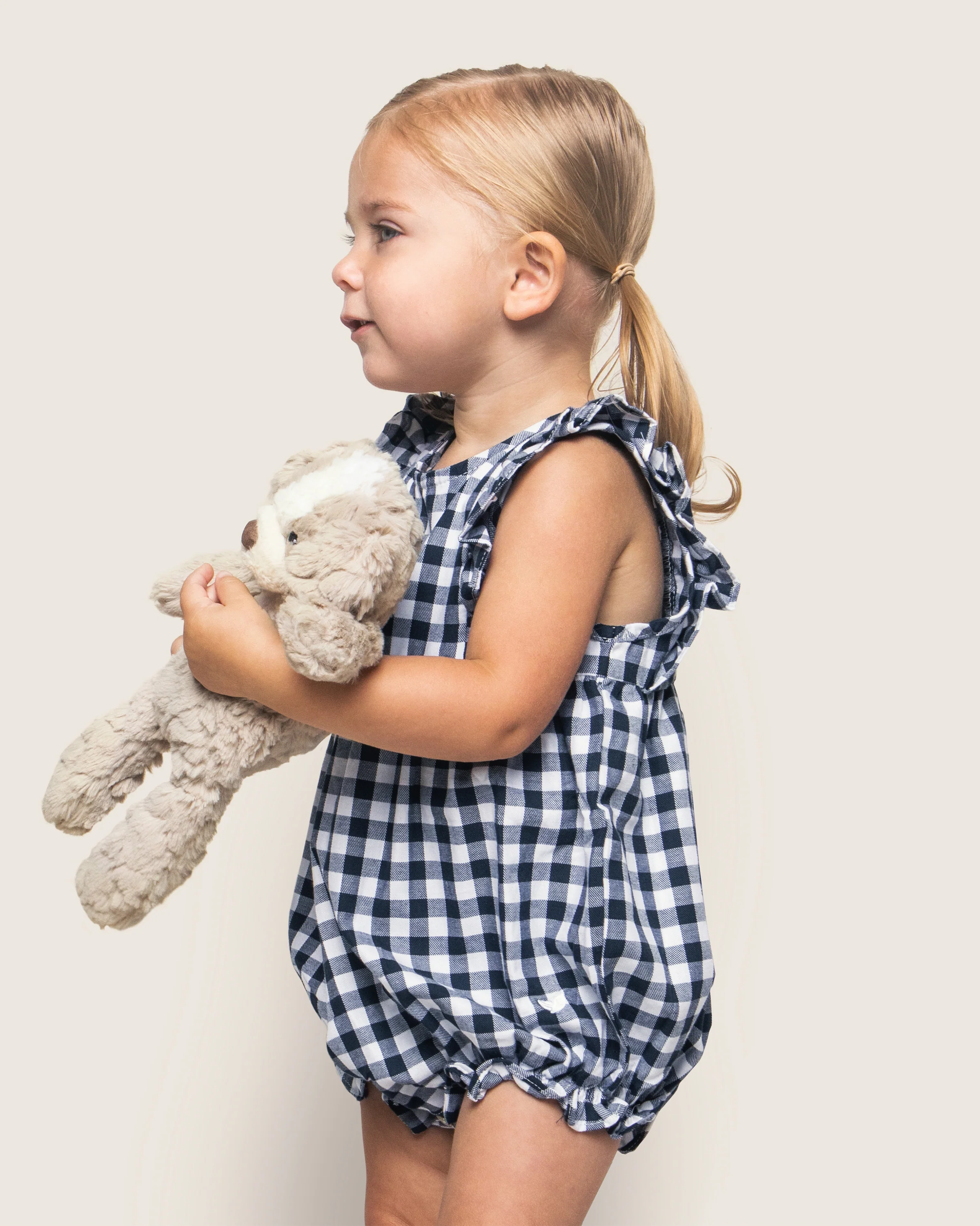 Baby's Twill Ruffled Romper in Navy Gingham - Image 2