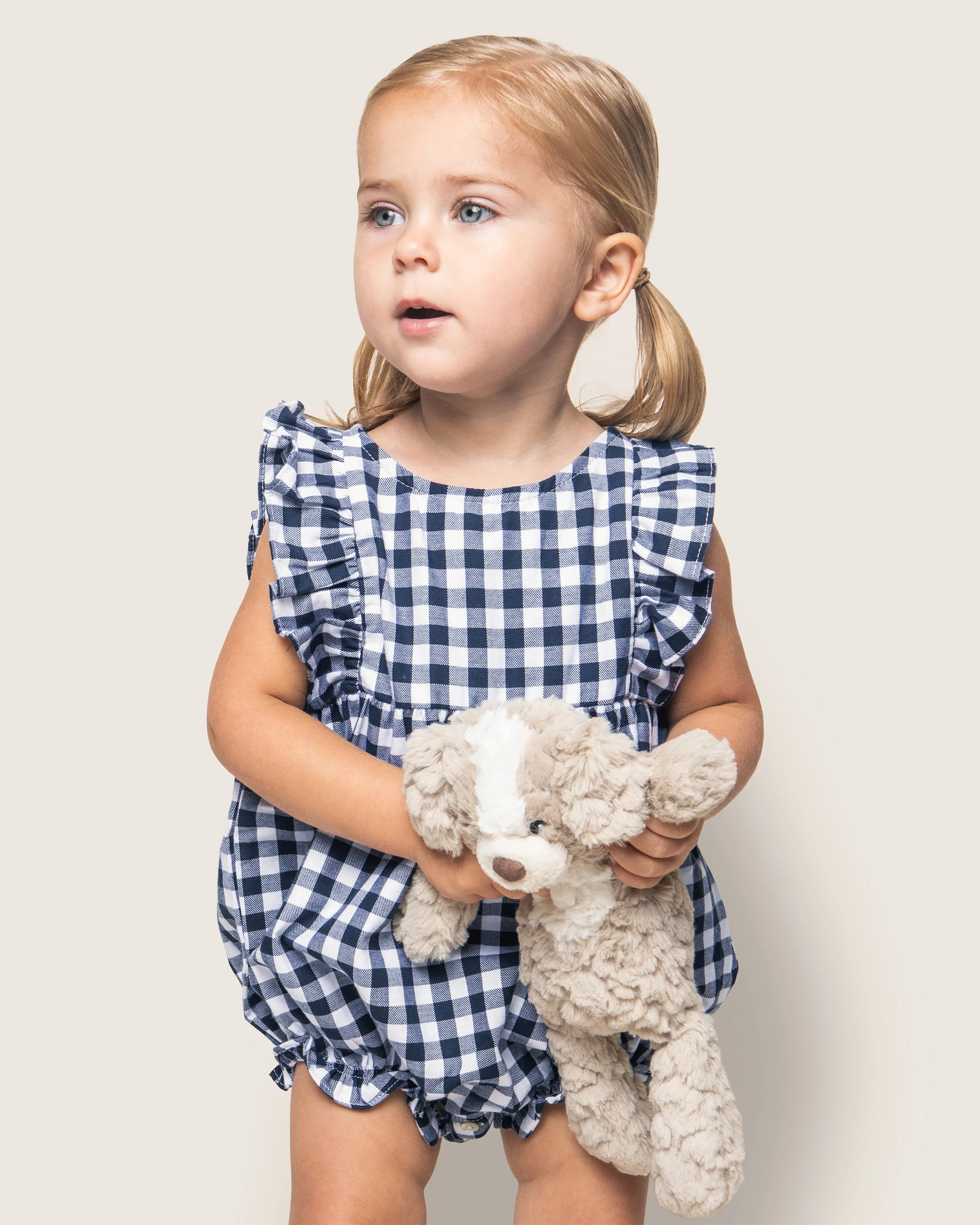 Baby's Twill Ruffled Romper in Navy Gingham - Image 4