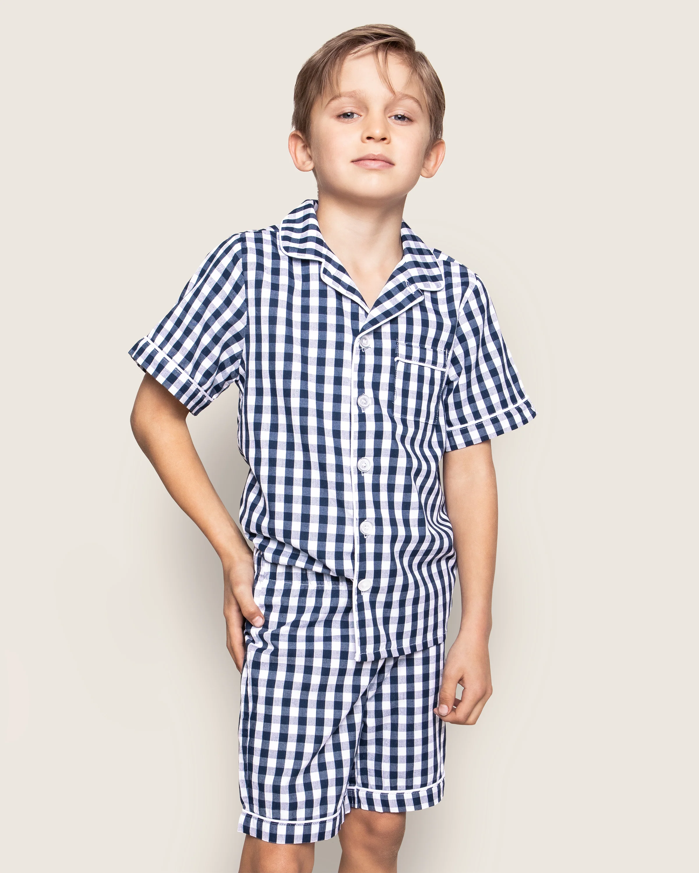 Kid's Twill Short Set in Navy Gingham - Image 2