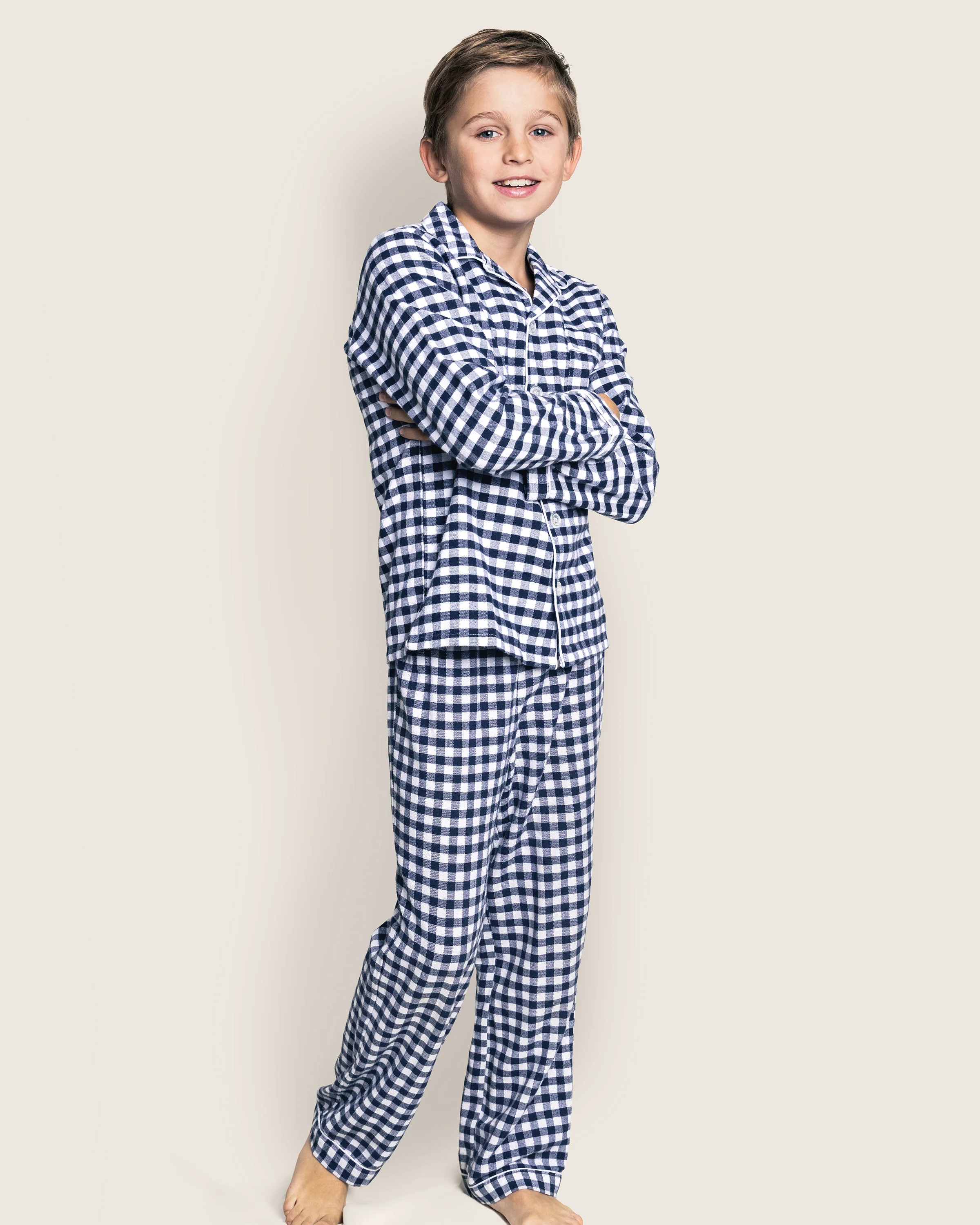 Kid's Twill Pajama Set in Navy Gingham - Image 2