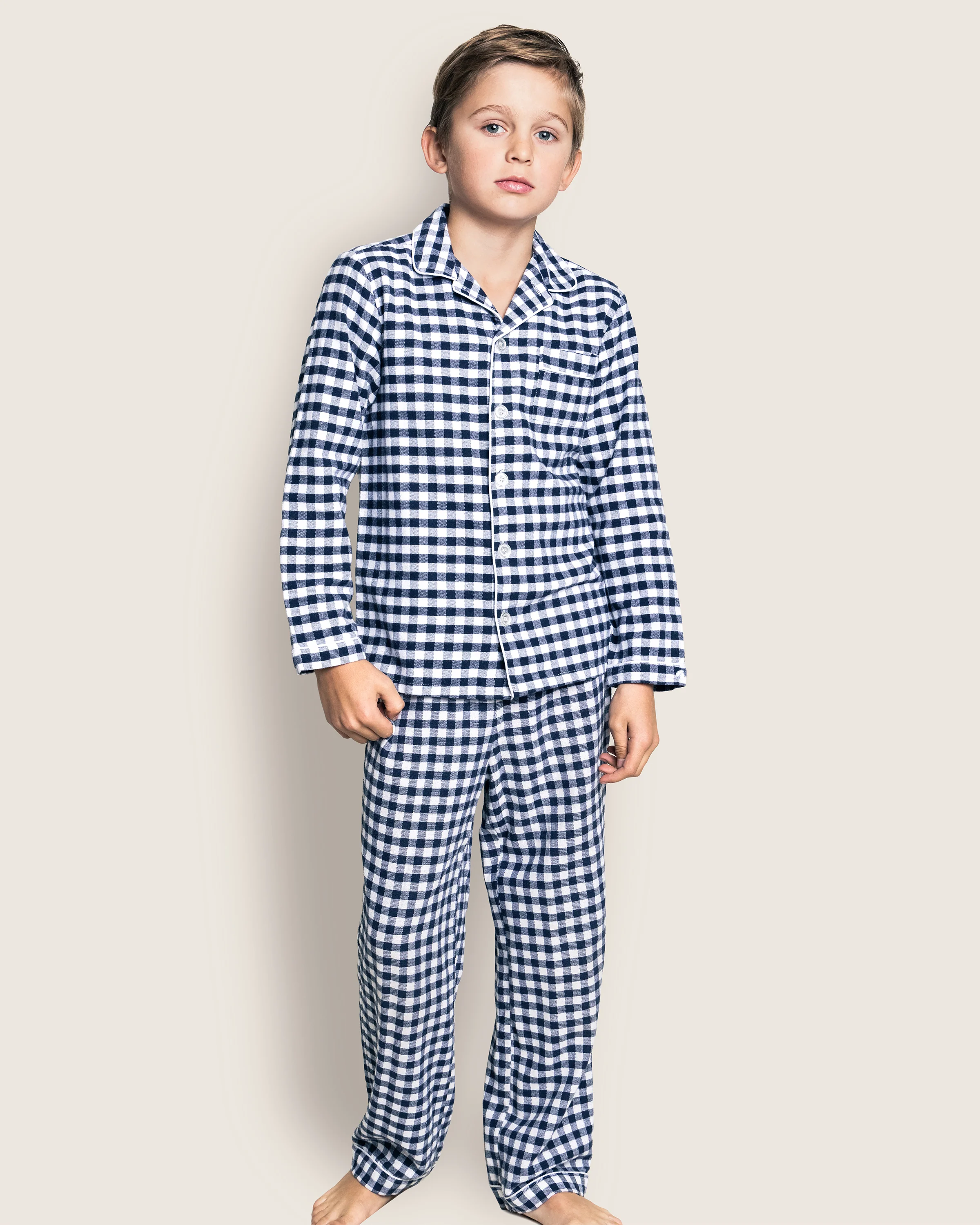 Kid's Twill Pajama Set in Navy Gingham - Image 3