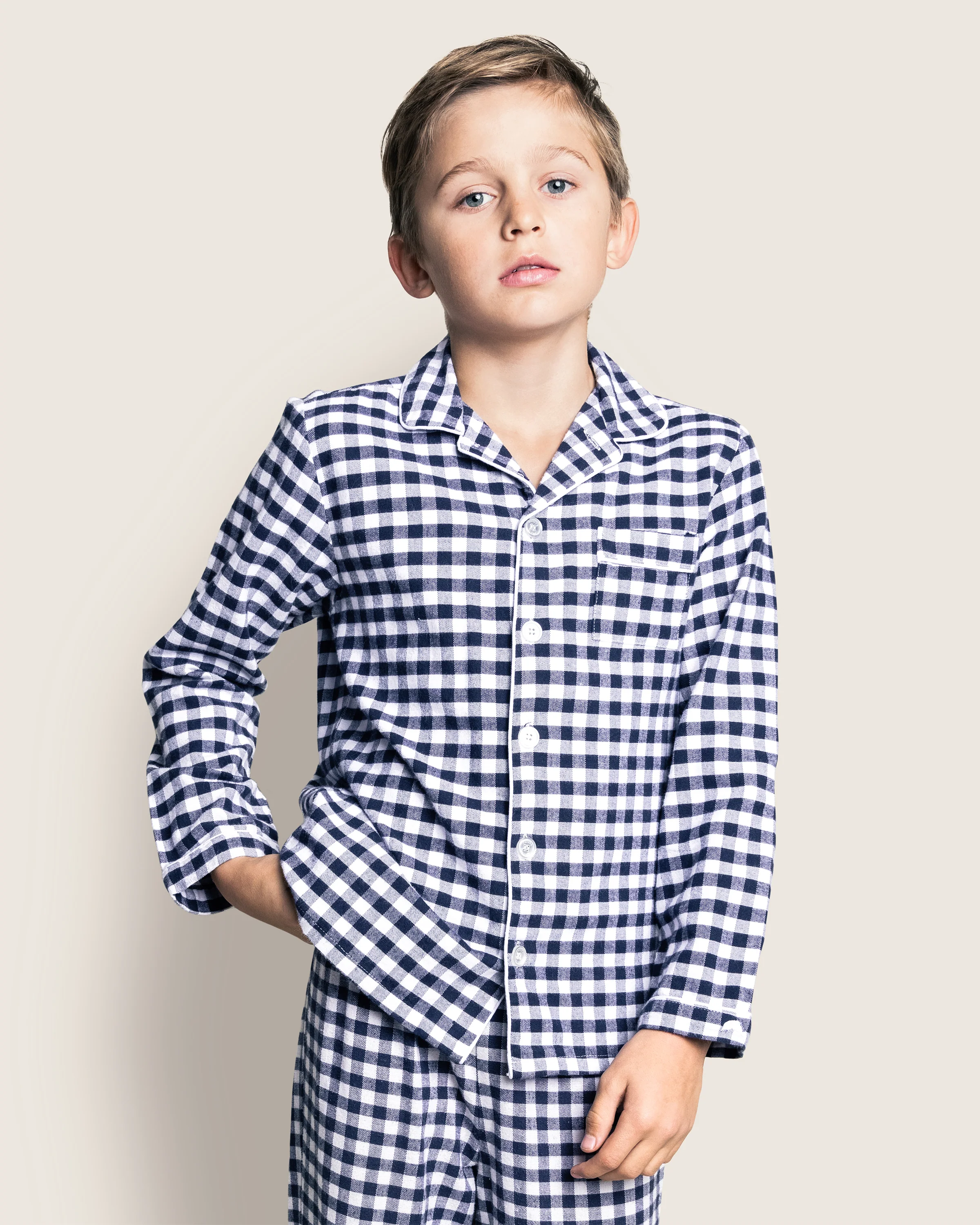 Kid's Twill Pajama Set in Navy Gingham - Image 4
