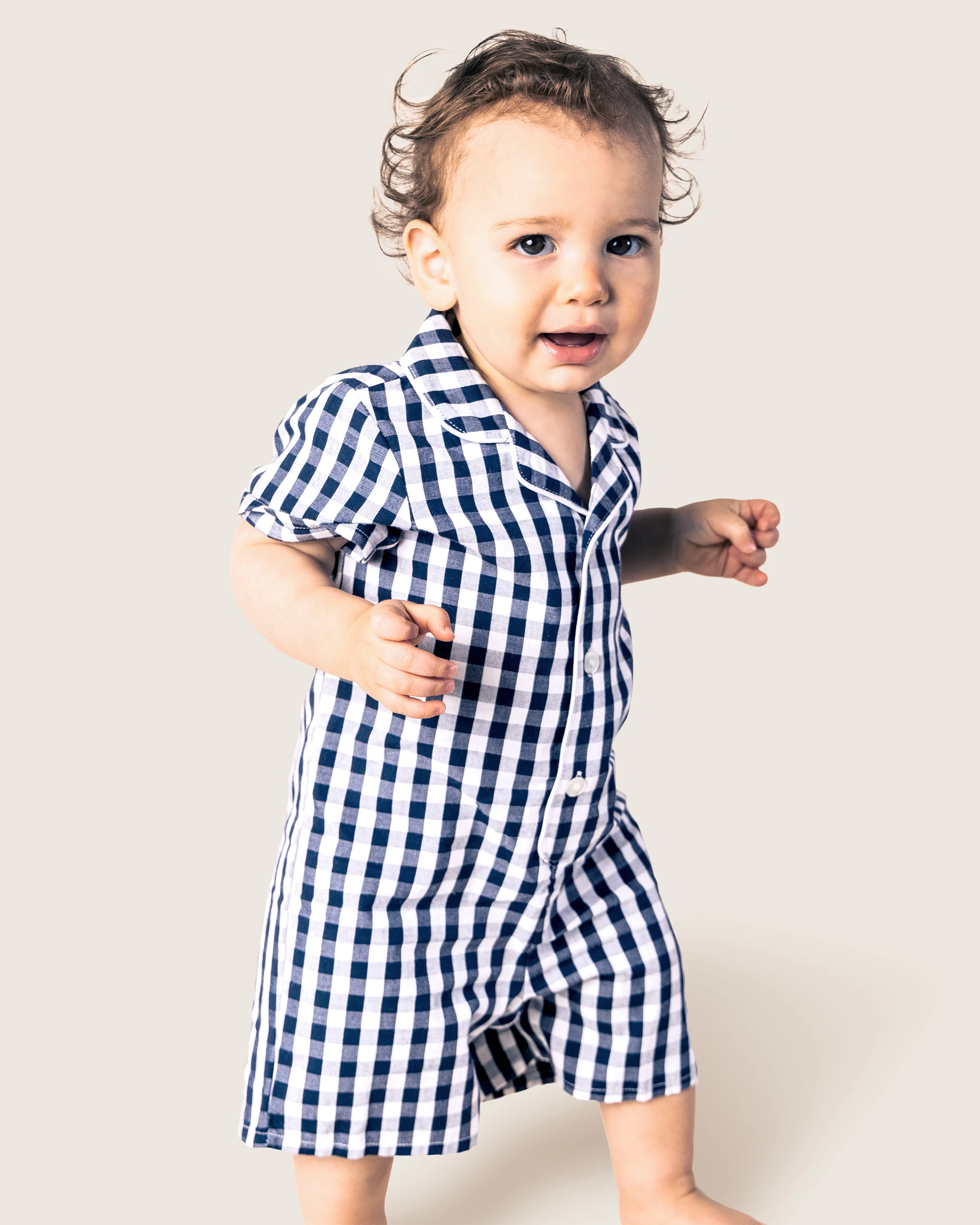 Baby's Twill Summer Romper in Navy Gingham - Image 2