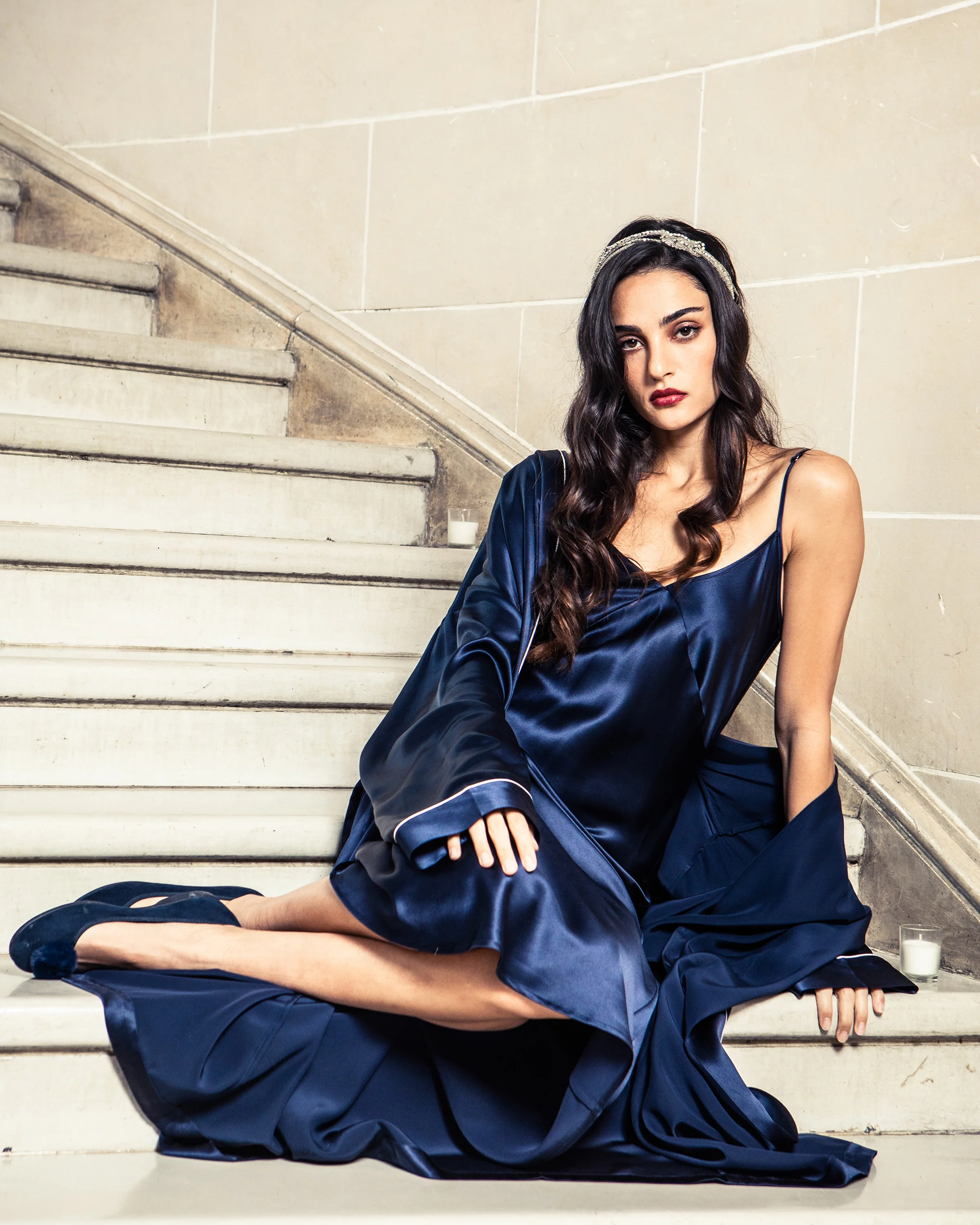 Women's Silk Cosette Nightgown in Navy - Image 5