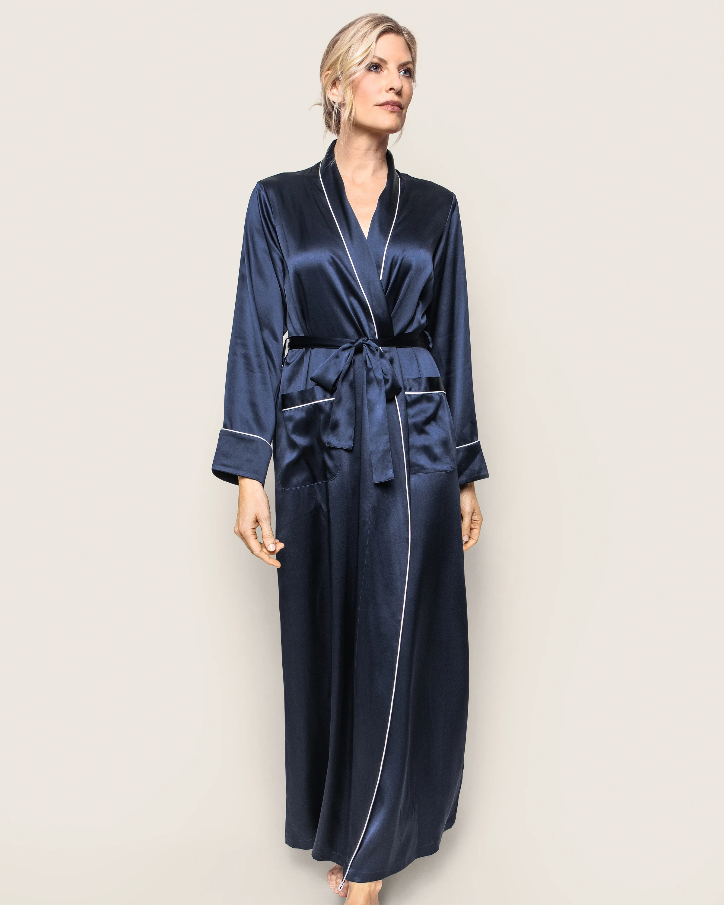 Women's Silk Long Robe in Navy - Image 2