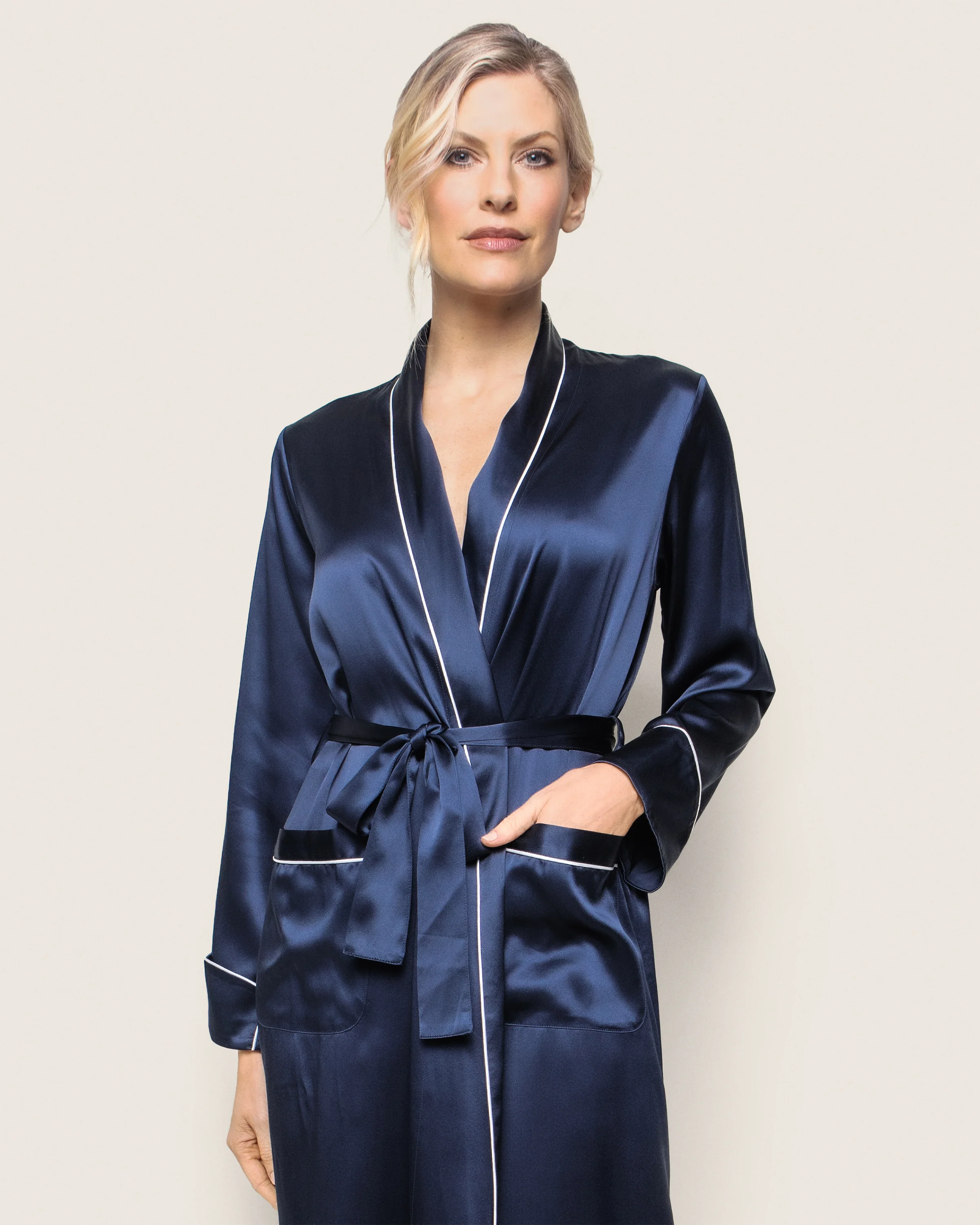 Women's Silk Long Robe in Navy - Image 3
