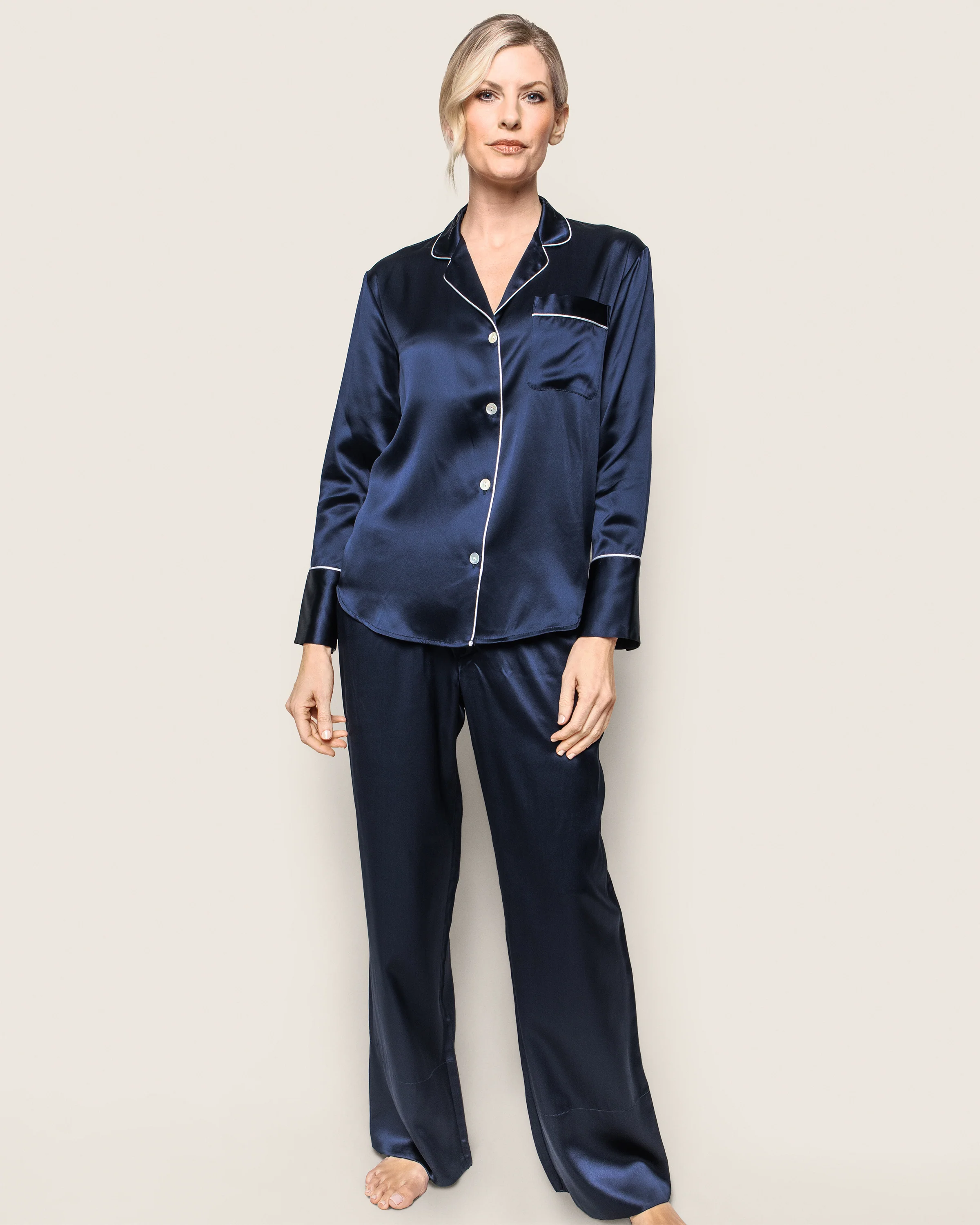 Women's Silk Pajama Set in Navy - Image 2