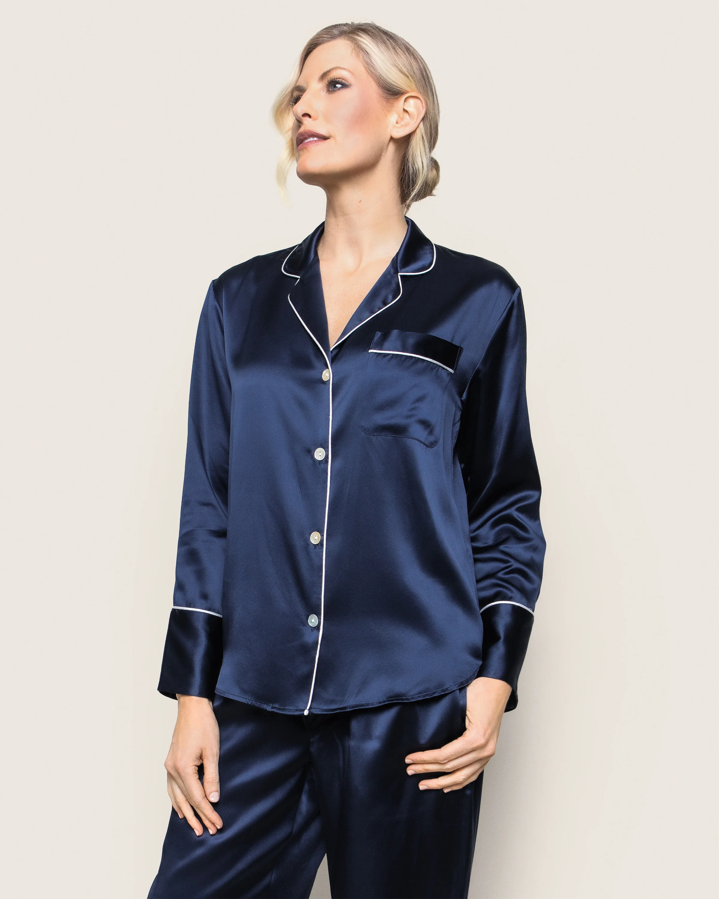 Women's Silk Pajama Set in Navy - Image 3