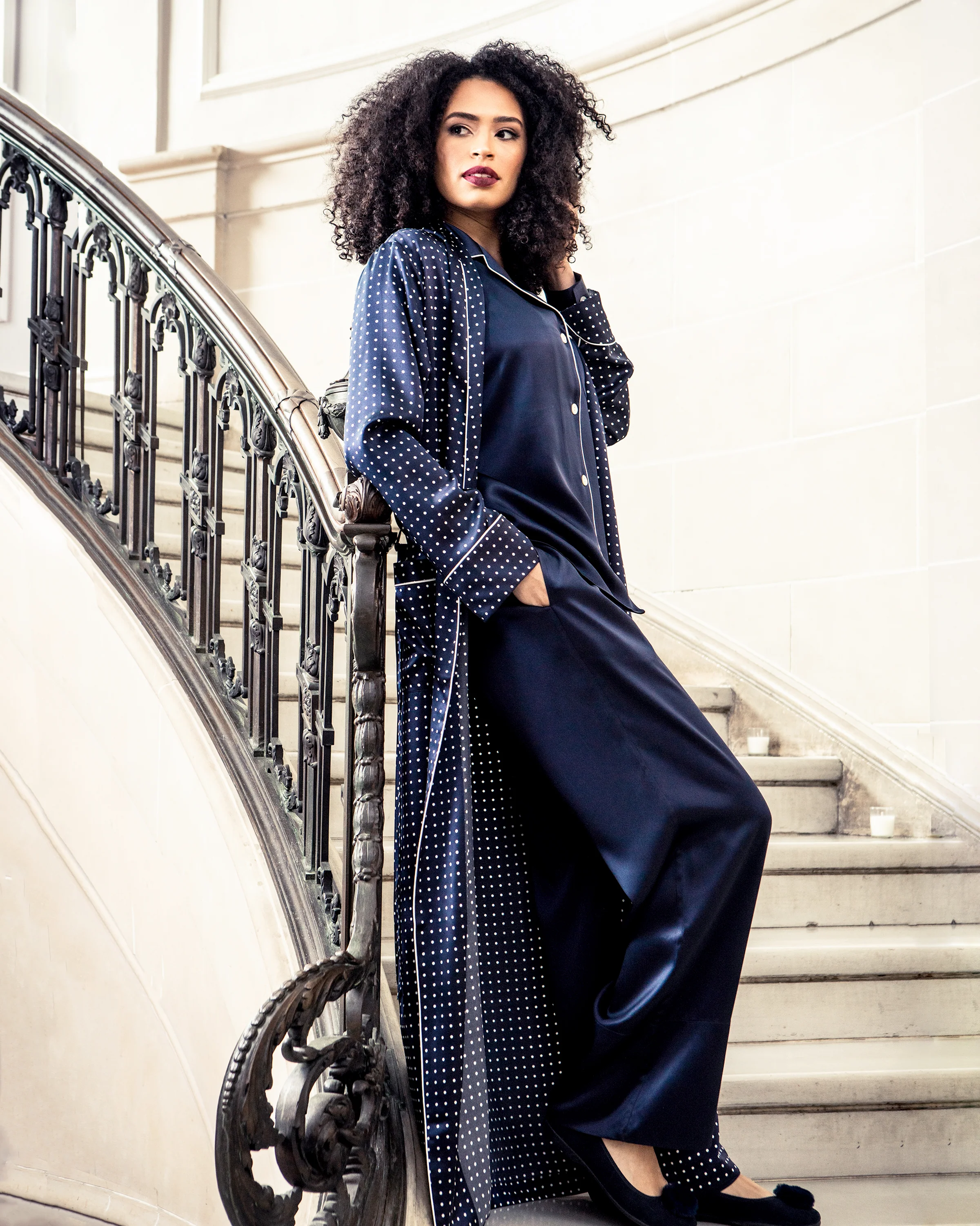 Women's Silk Pajama Set in Navy - Image 4
