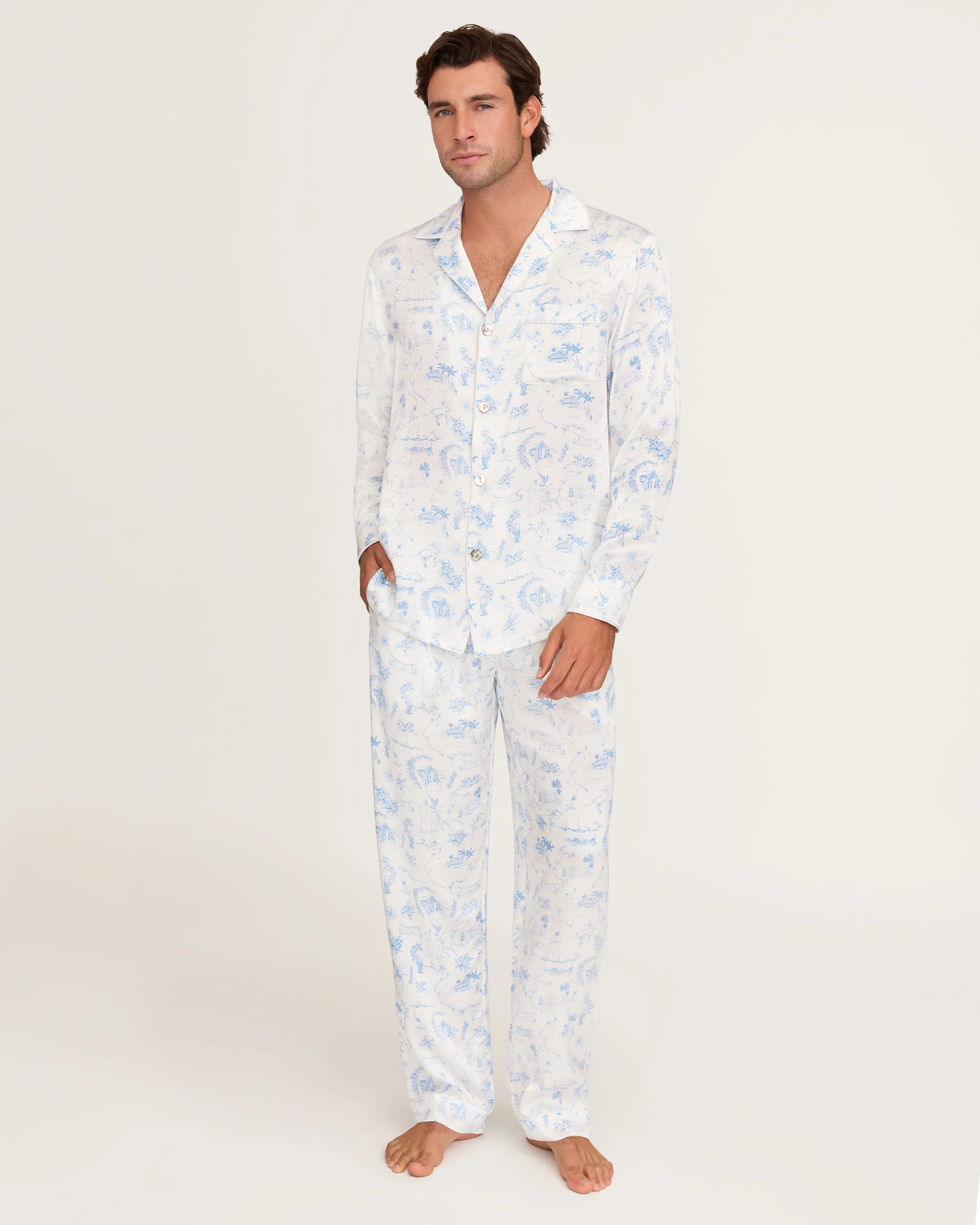 Petite Plume x Eden Rock Men's Silk Pajama Set in Blue Reverie